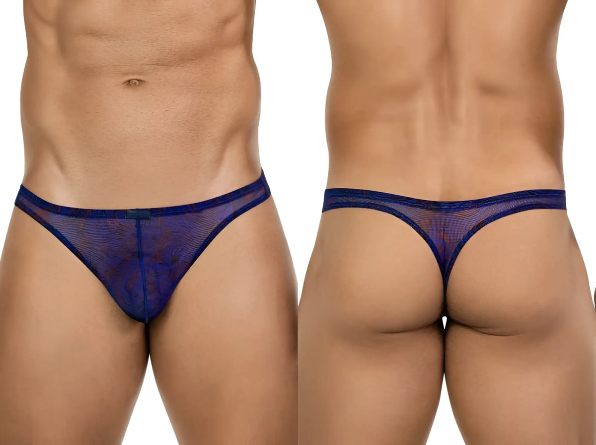 Navy blue sheer lace thong with subtle pattern and solid waistband from clever 26037 calipso thongs blue collection