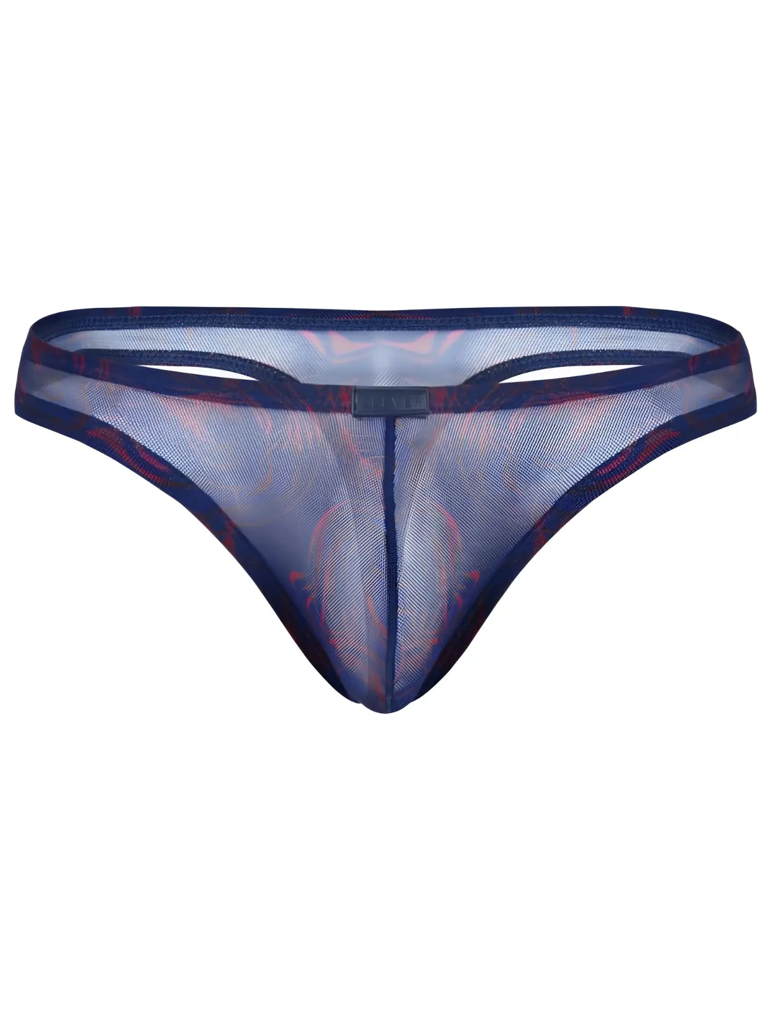 Navy blue clever 26037 calipso thong in sheer mesh with subtle red pattern and reinforced waistband front view