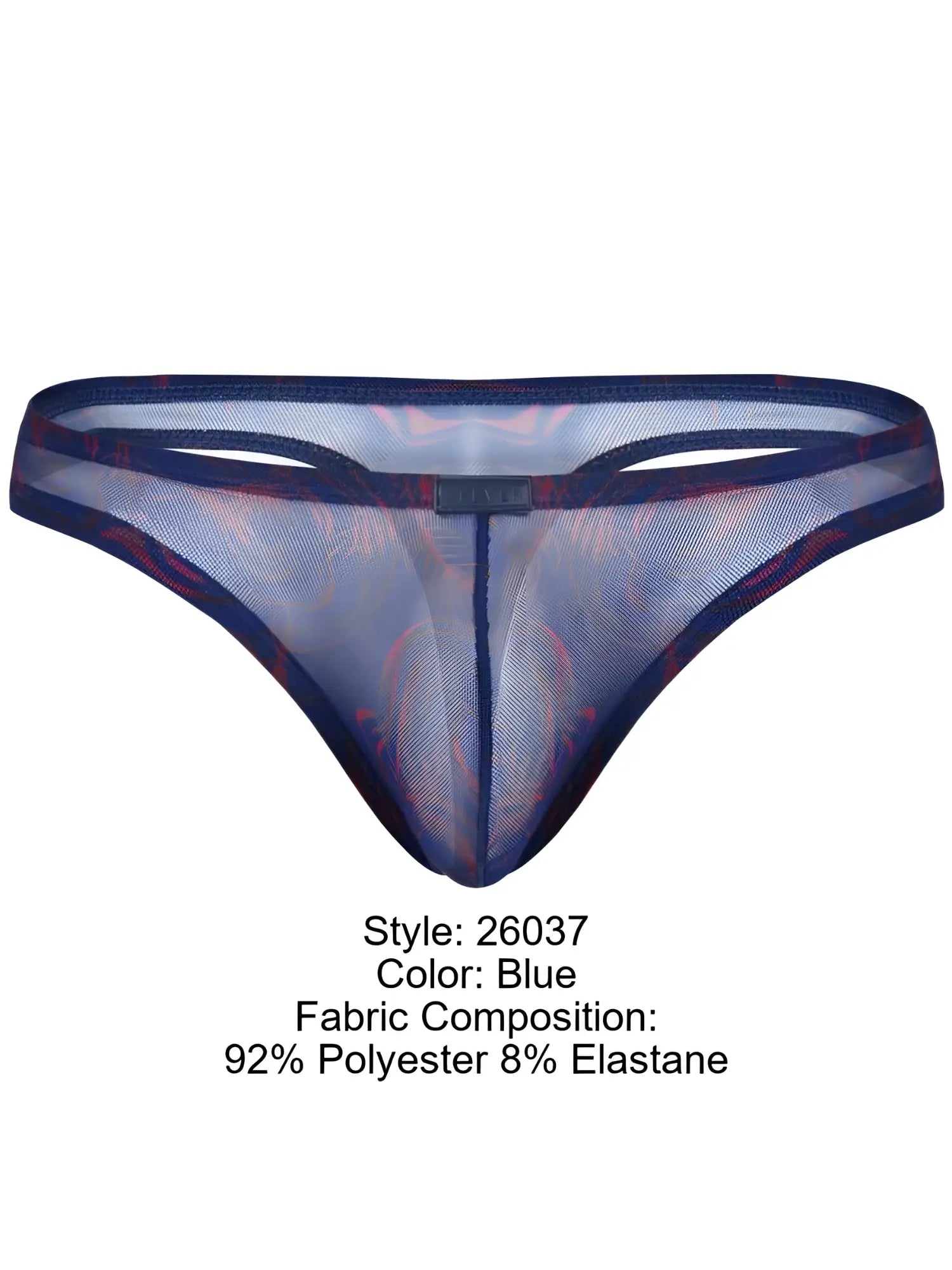 Clever 26037 calipso thong in blue sheer mesh with subtle red pattern and reinforced dark blue trim