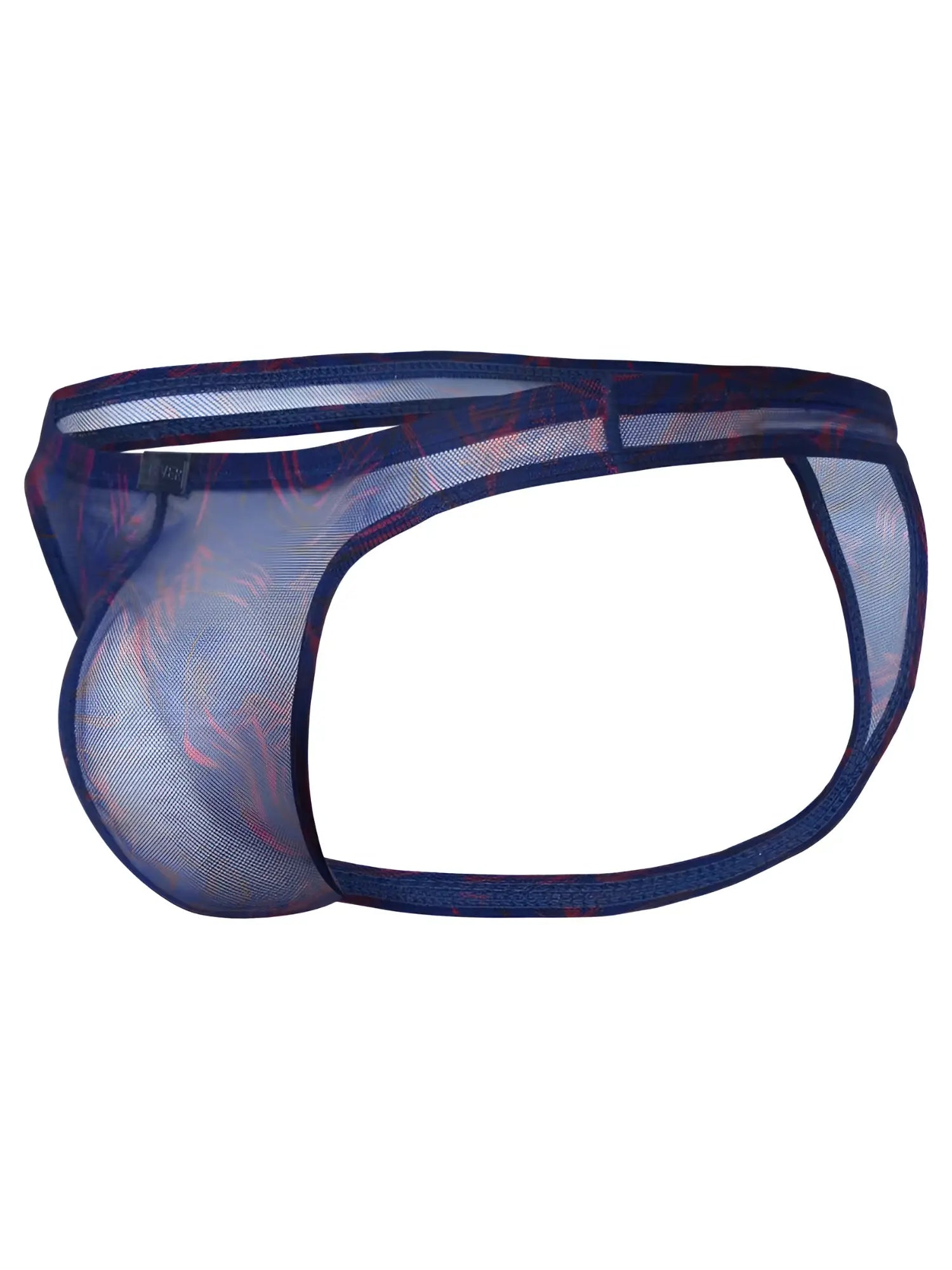 Blue sheer mesh thong with subtle red pattern and reinforced elastic waistband from clever 26037 calipso collection