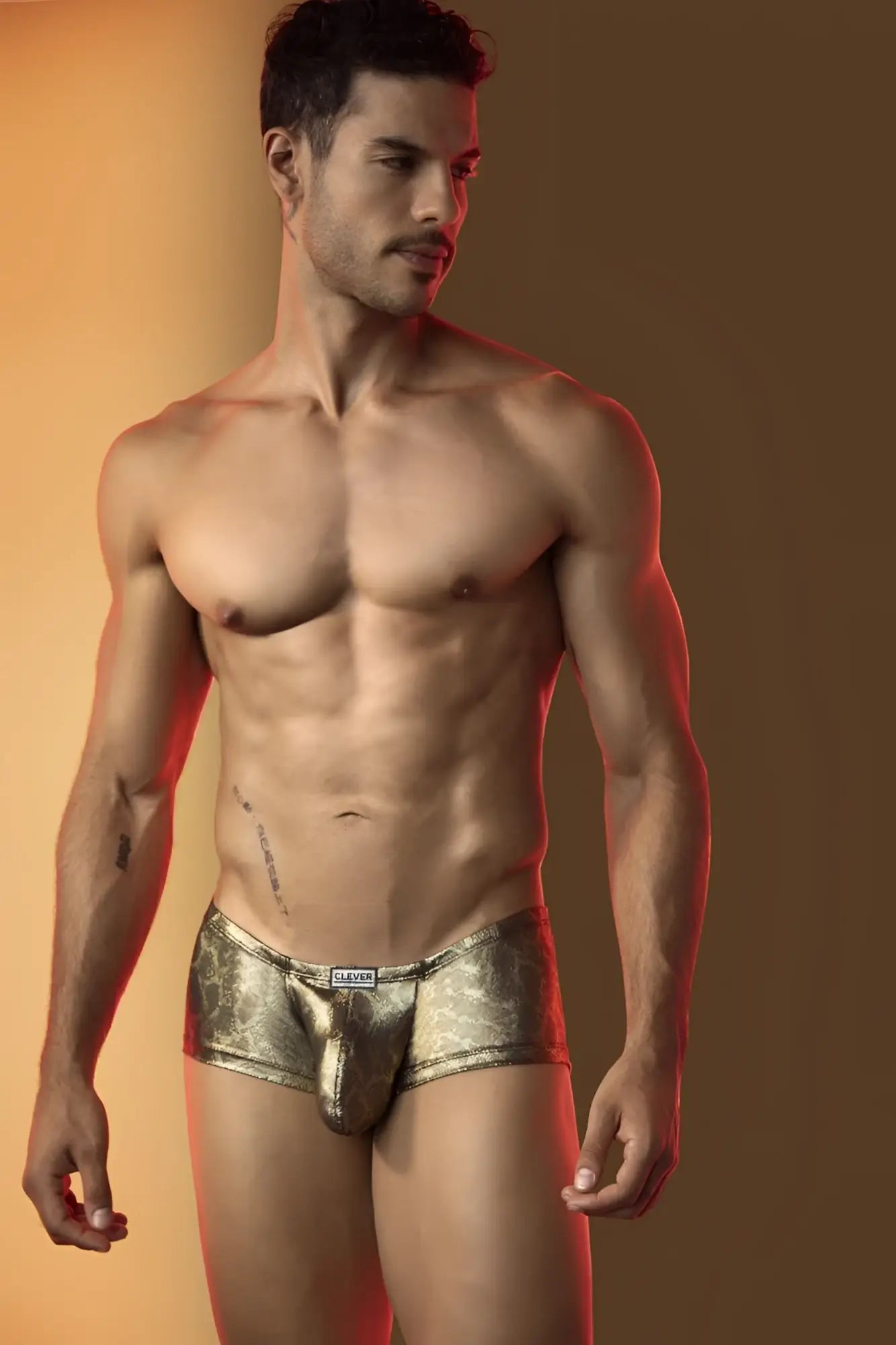 Gold metallic patterned men’s briefs with clever brand label featuring bold and sophisticated design color gold