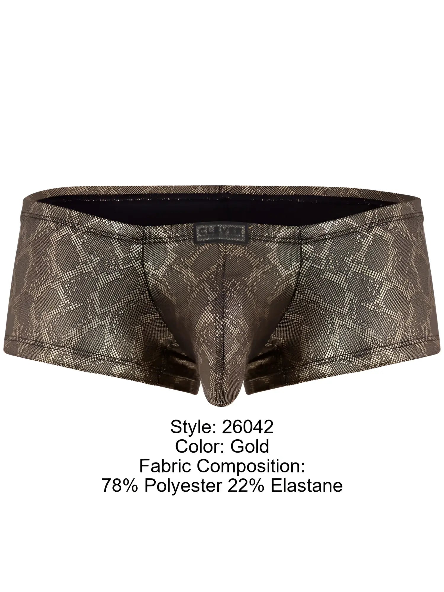 Gold-colored clever 26042 atlas trunks with subtle geometric pattern made from 78 polyester 22 elastane