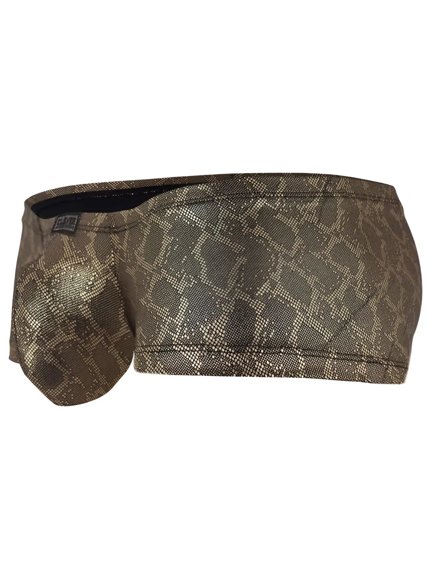 Olive green and gold snake-scale patterned clever 26042 atlas trunks with black inner lining and metallic gold design