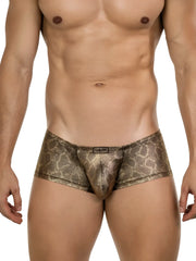 Gold-toned snake-skin patterned men’s briefs with sleek shiny finish and branded waistband label clever 26042 atlas trunks