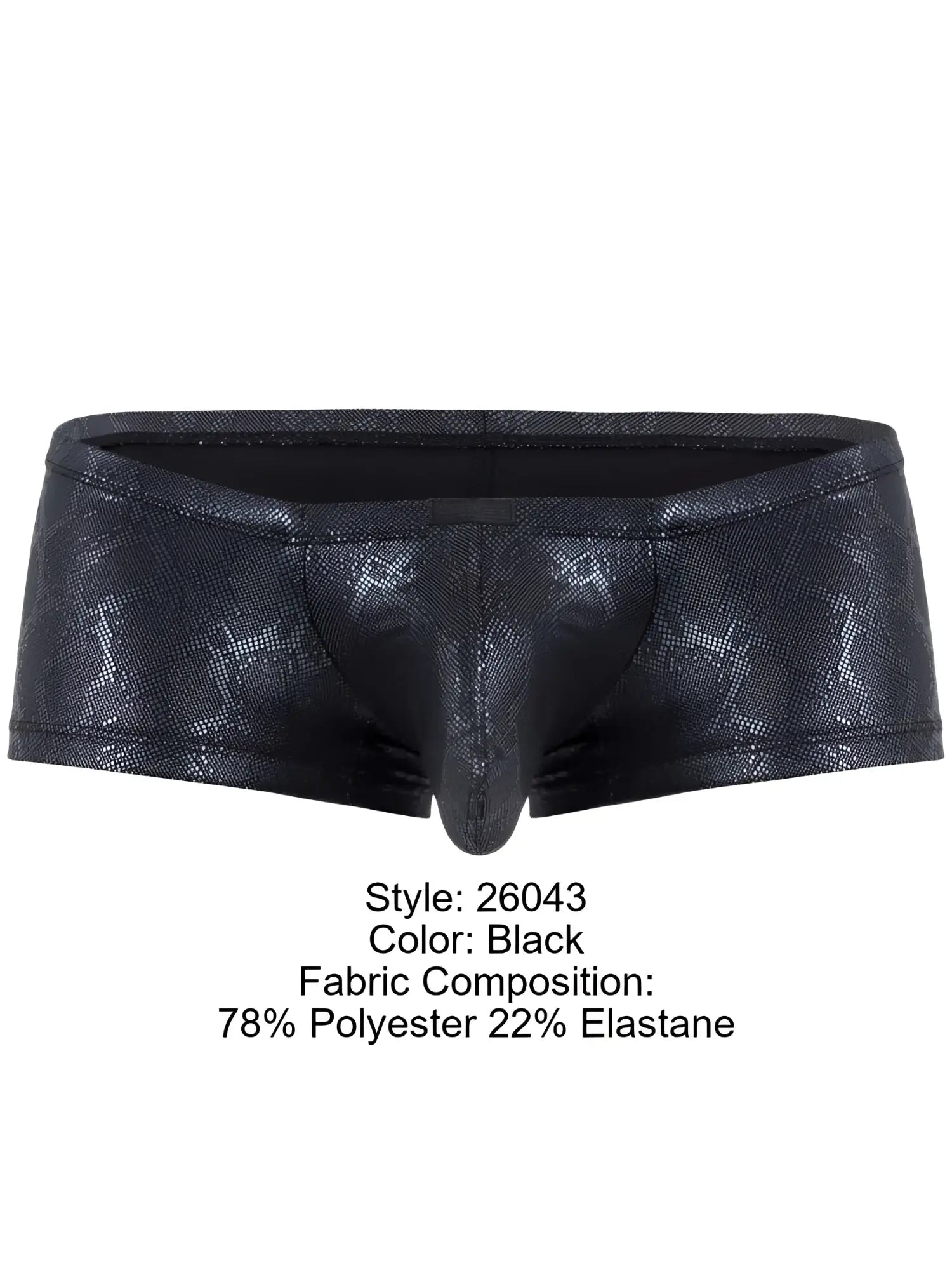 Clever 26043 atlas trunks sleek black metallic black men’s briefs with shiny textured snakeskin pattern and elastic waistband