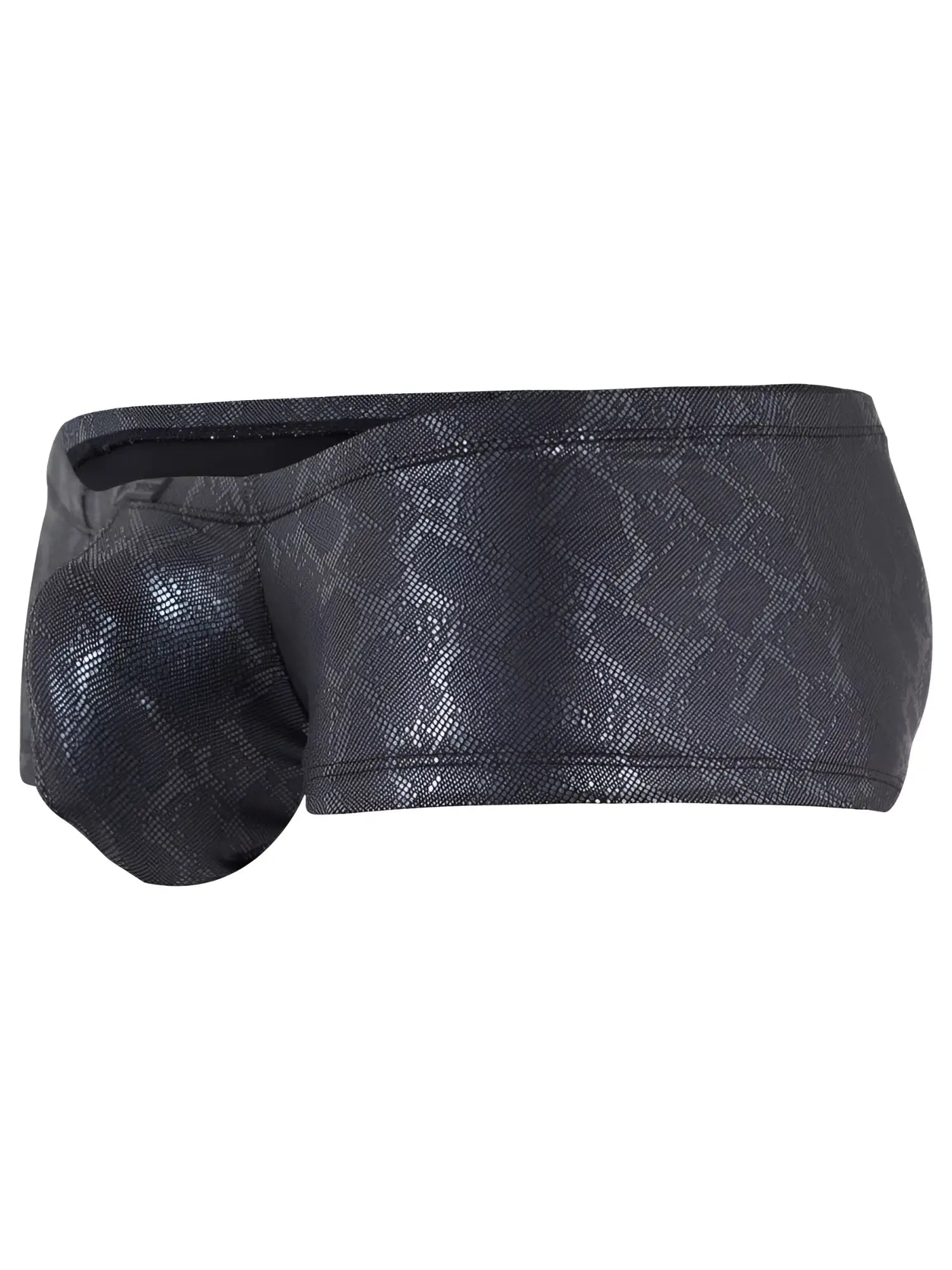 Black clever 26043 atlas swim trunks with snake-print and shiny textured fabric finish in sleek black metallic color