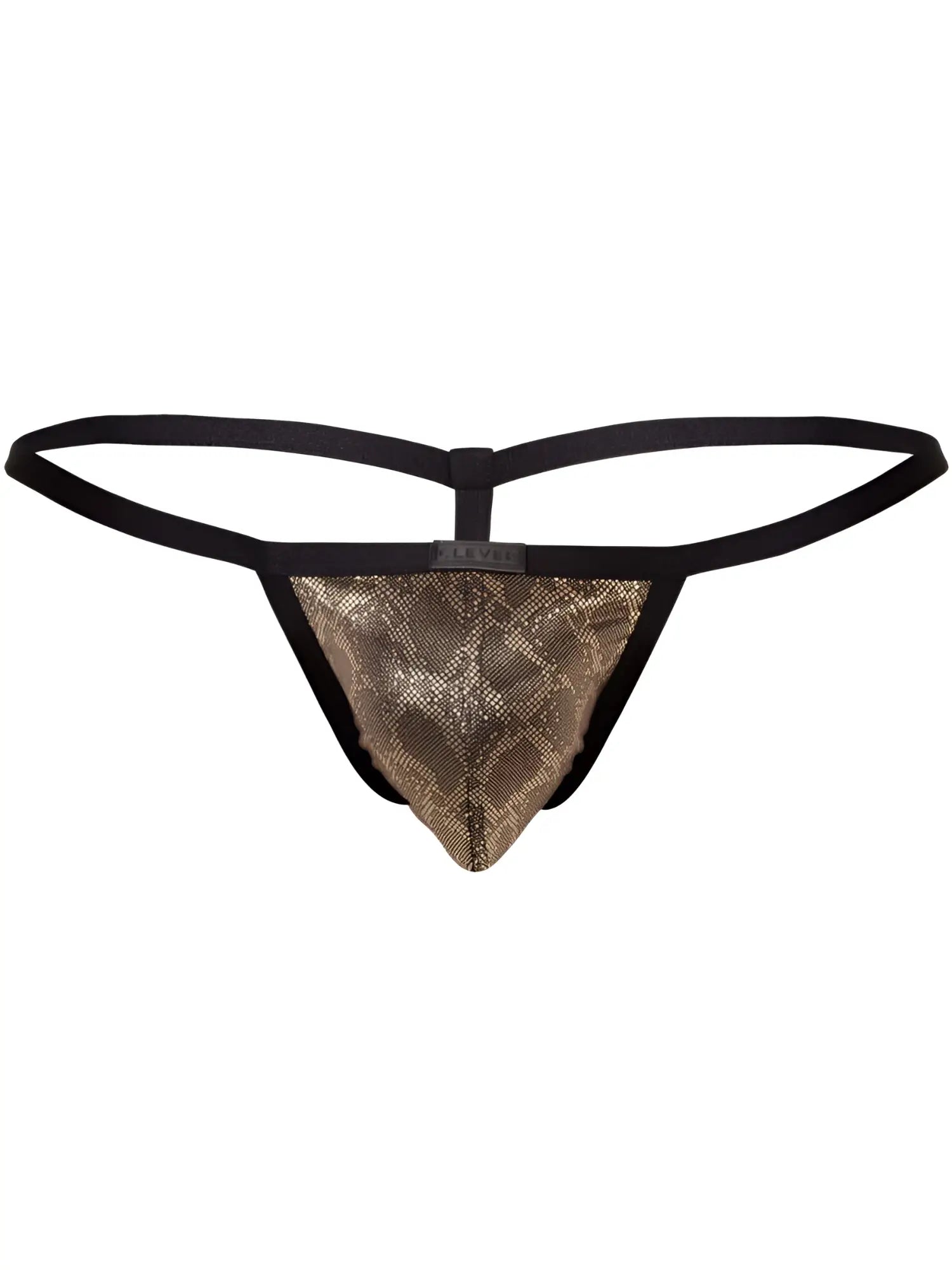Black thong g-string with gold snake-scale patterned front panel from clever 26046 atlas gold collection bold sophistication