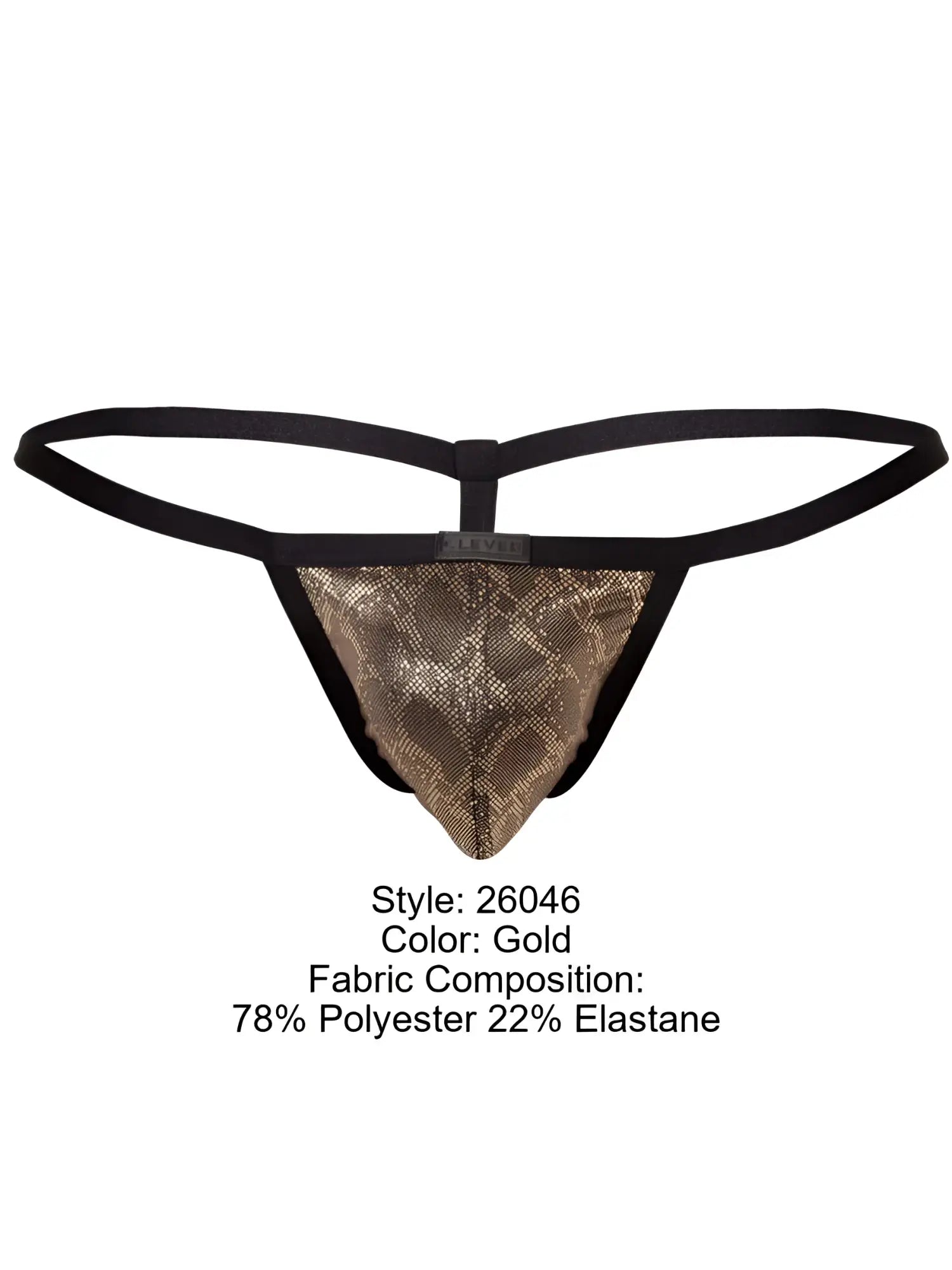 Gold clever 26046 atlas g-string featuring a snakeskin-patterned mesh front and black elastic straps for bold sophistication