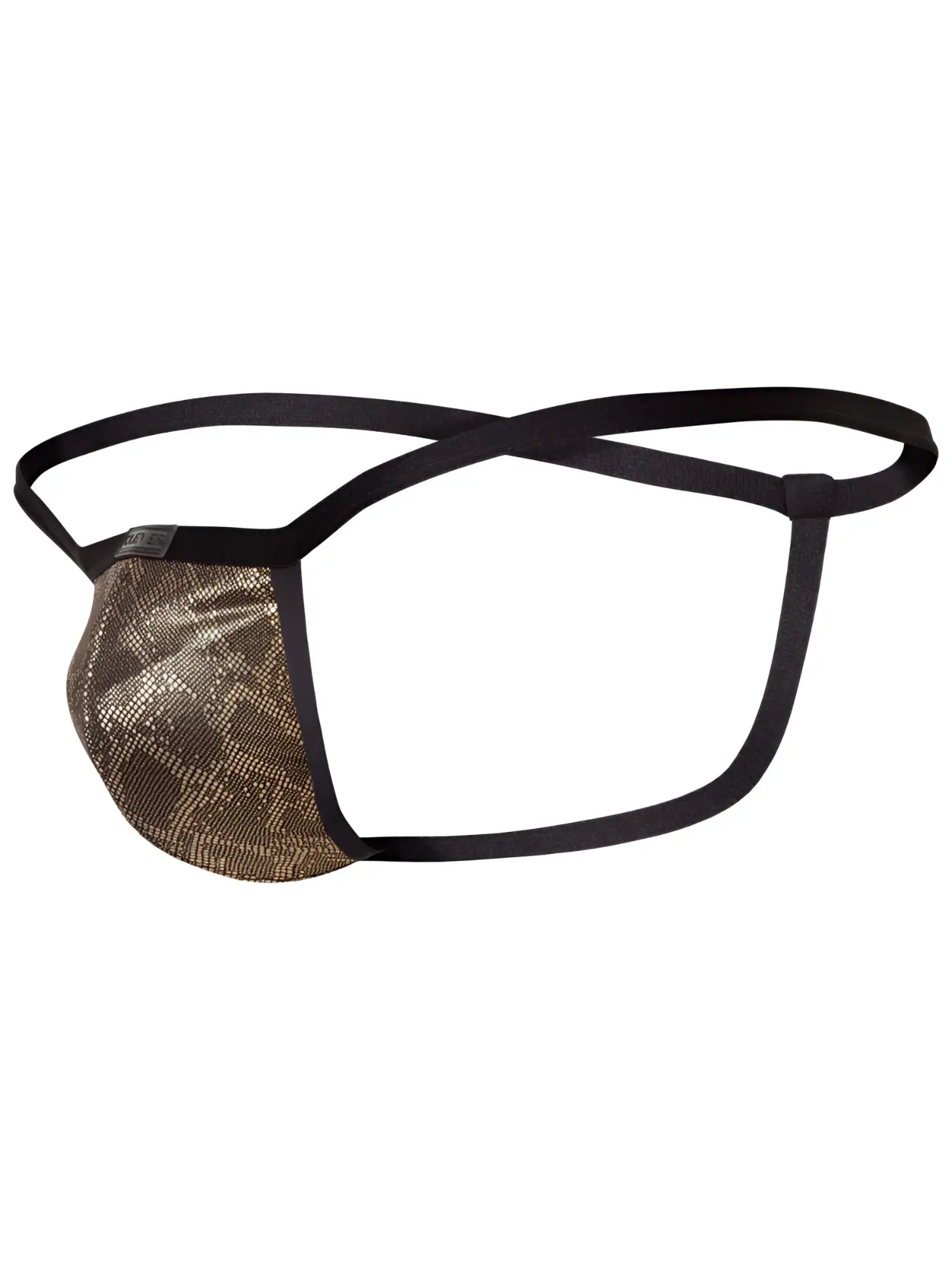 Clever 26046 atlas g-string in gold features a gold-toned snakeskin mesh front panel with black elastic straps