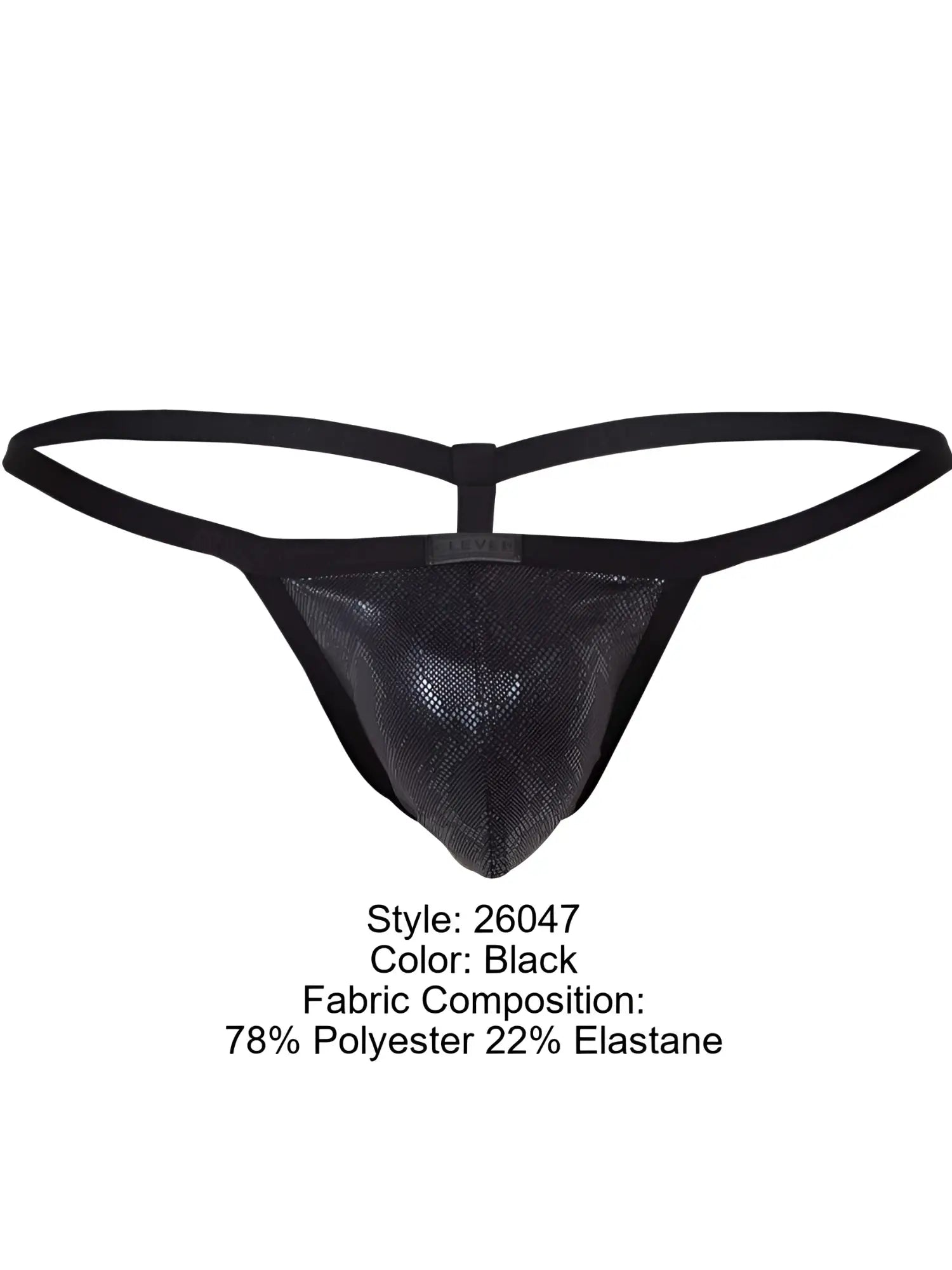 Black Clever 26047 Atlas g-string thong with textured mesh front panel and elastic waistband for bold sophistication