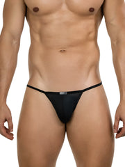 Black mesh thong bikini with thin elastic waistband and small brand tag centered by clever 26057 eos in black