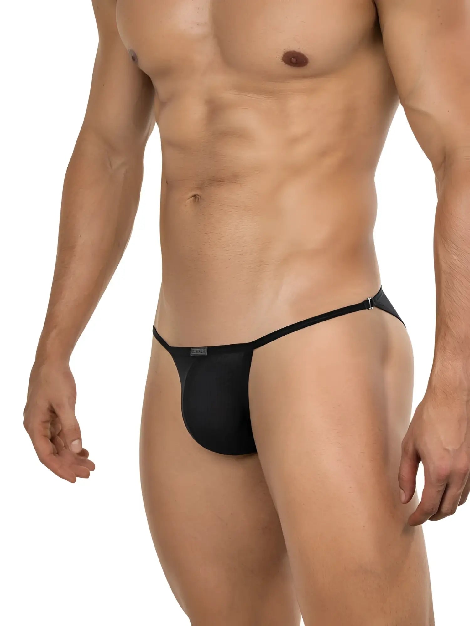 Black mesh thong with a sleek, form-fitting design and a small brand tag on the side.
