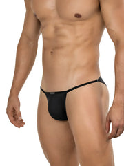 Black mesh thong with a sleek, form-fitting design and a small brand tag on the side.