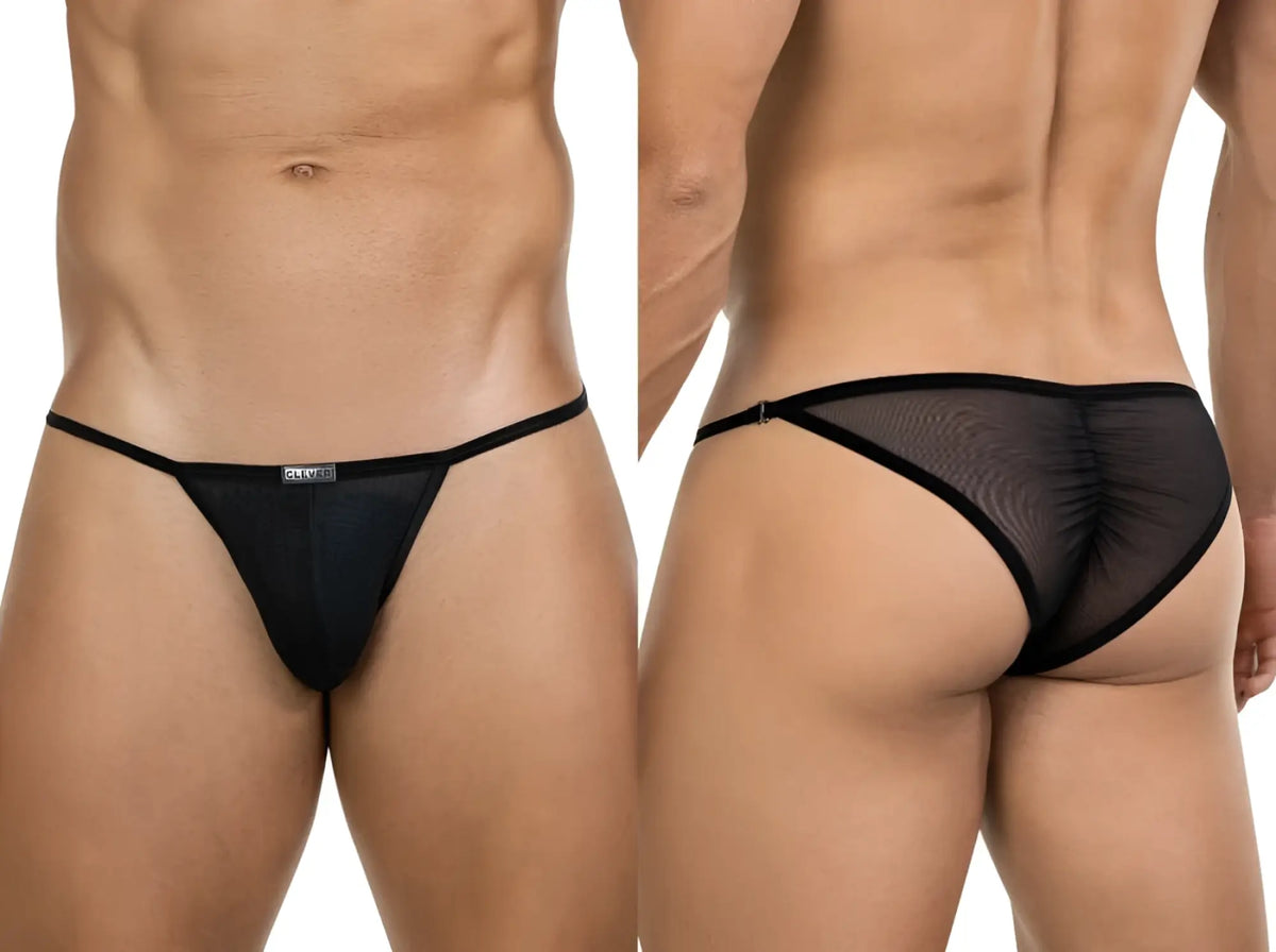 Black mesh thong with solid black waistband and trim from clever 26057 eos bikini in black showing the back side