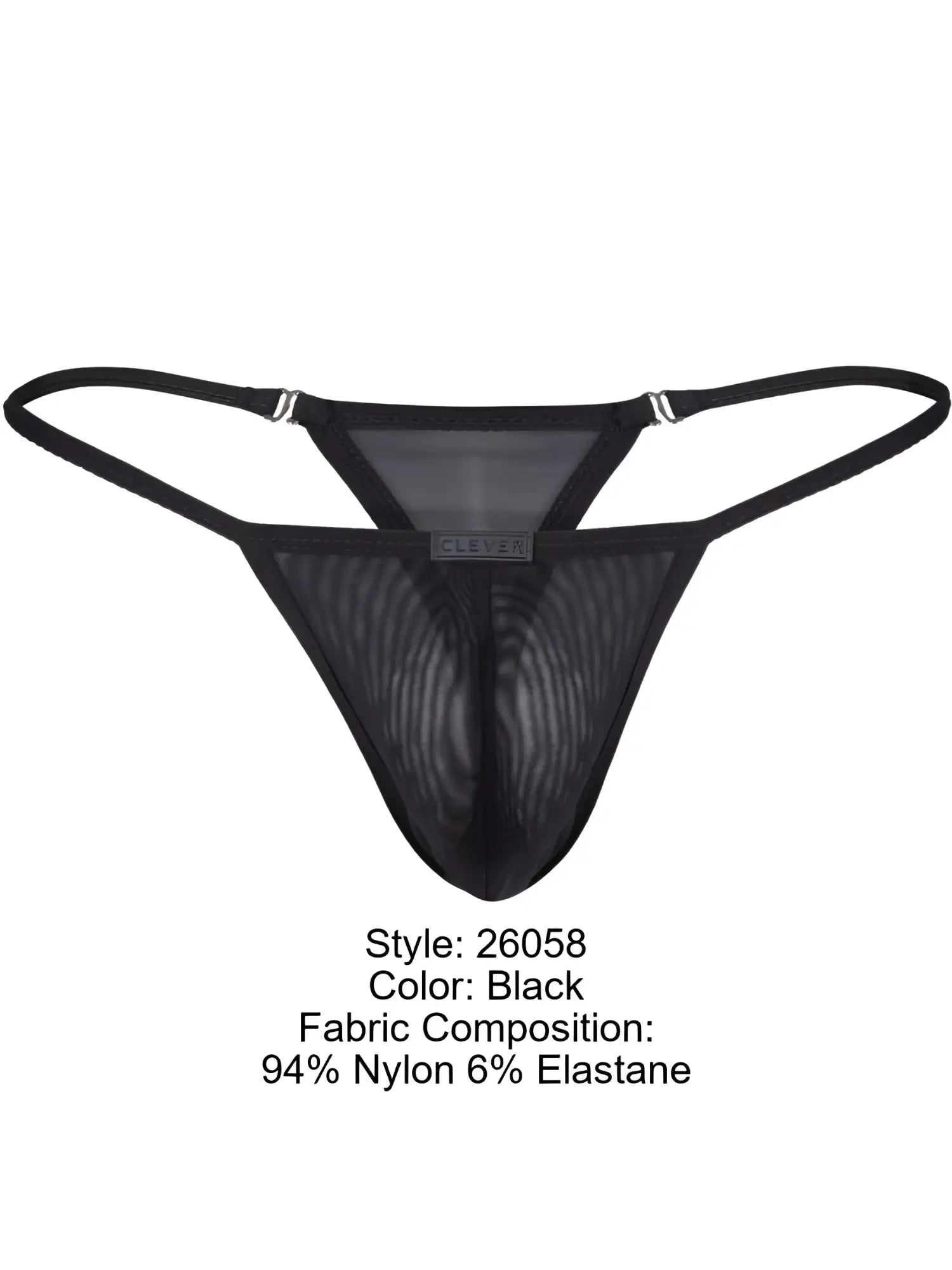 Black clever 26058 eos thong in breathable mesh with thin straps and small brand tag visible on the back side