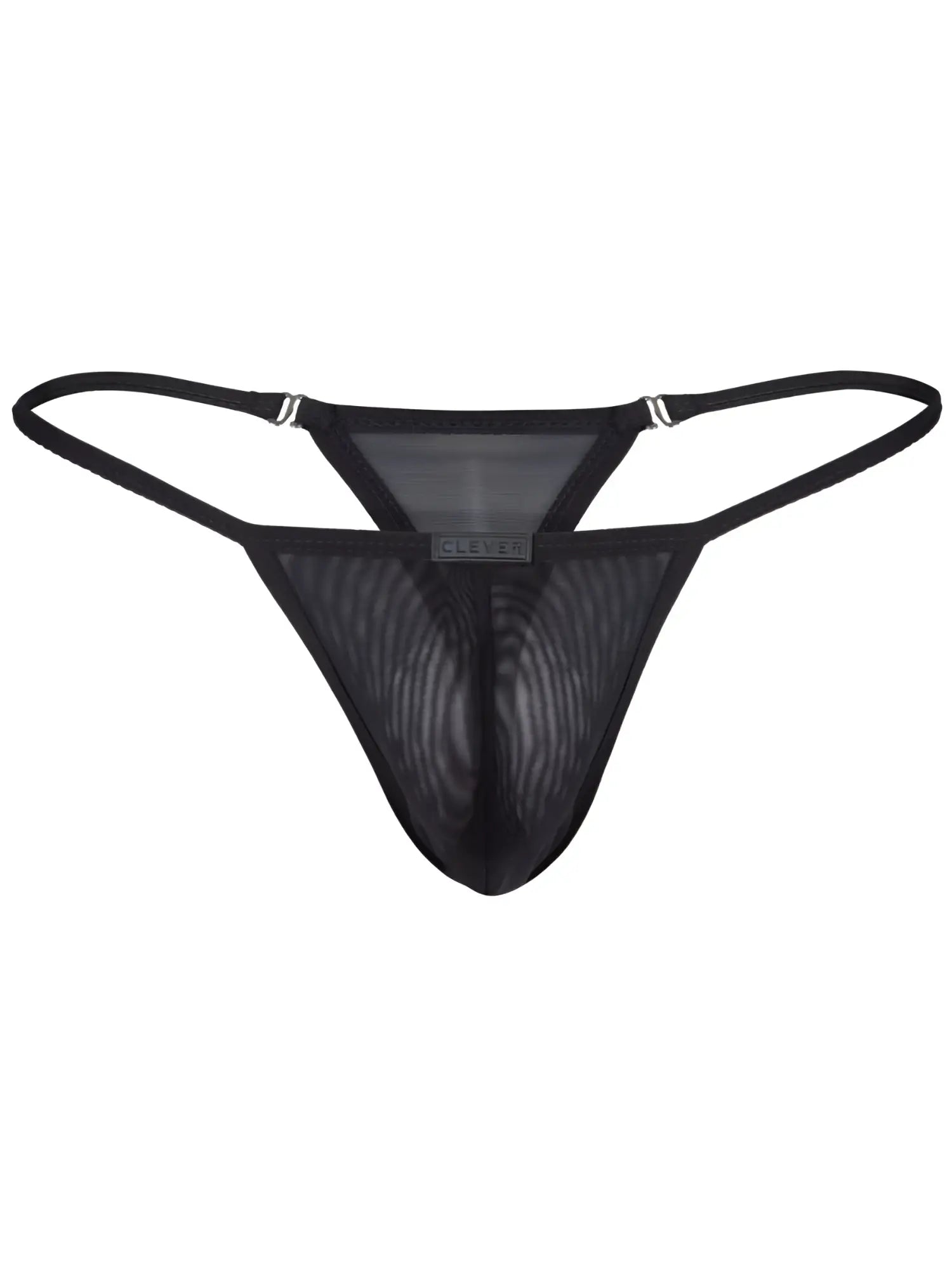Black mesh thong with thin straps and central logo tag from Clever 26058 Eos thongs for bold breathable sophistication