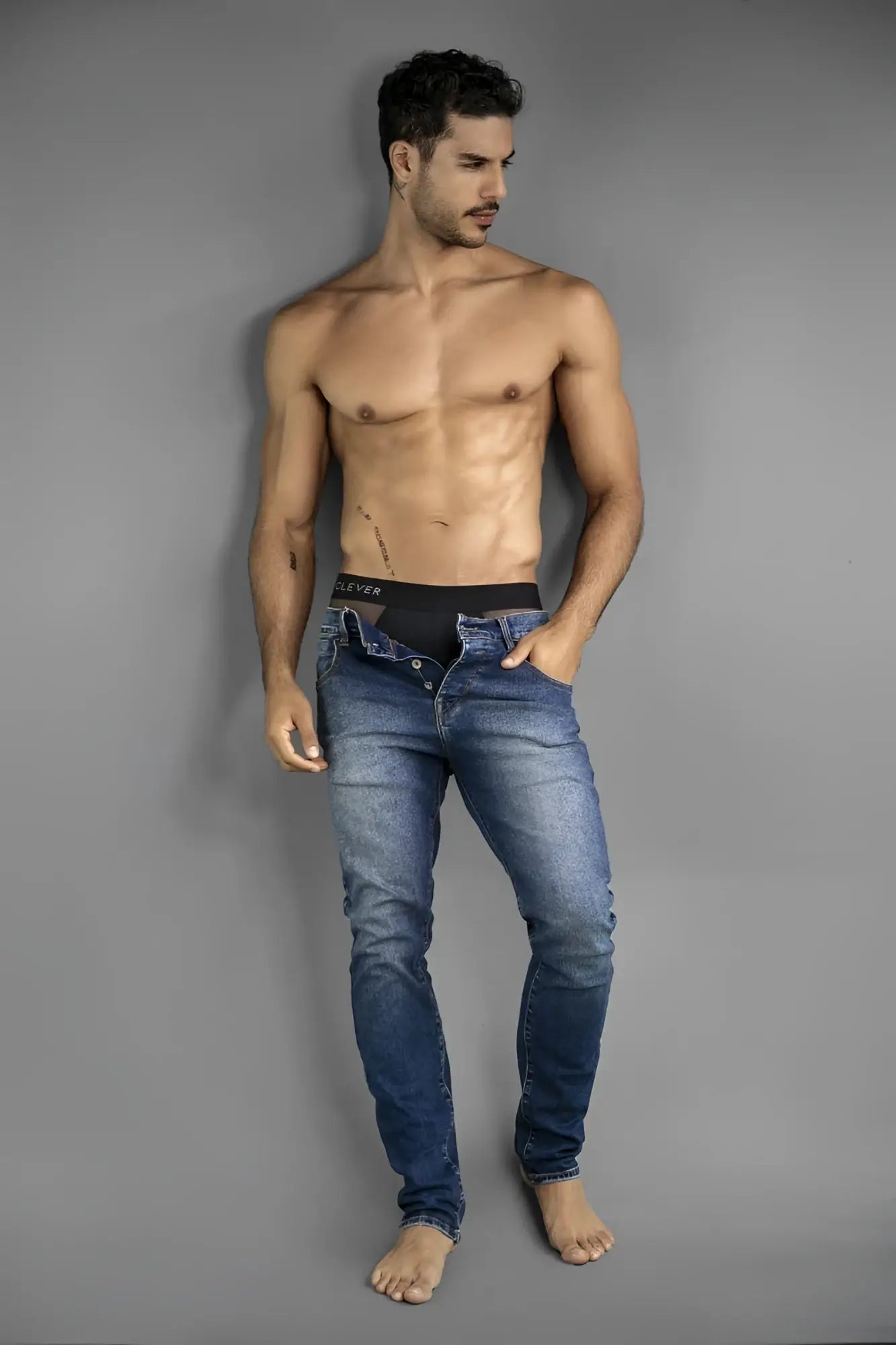 Blue denim jeans with black lexus waistband in clever 26059 tanatos briefs bold black color black design