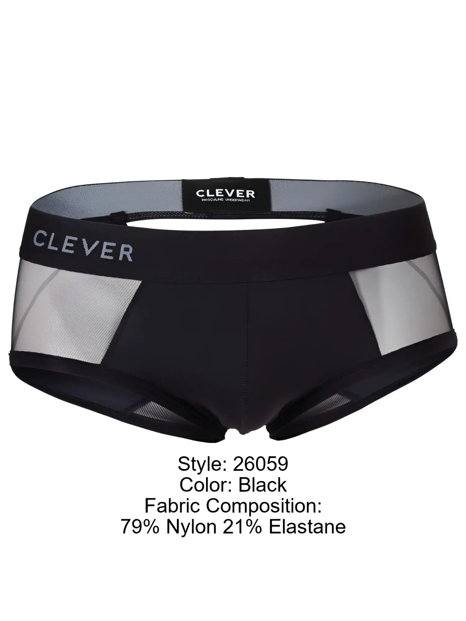 Black clever 26059 tanatos briefs with sheer mesh side panels and solid elastic waistband in bold black color