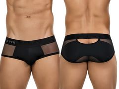 Black mesh briefs with solid black waistband featuring clever brand name in bold black clever 26059 tanatos briefs