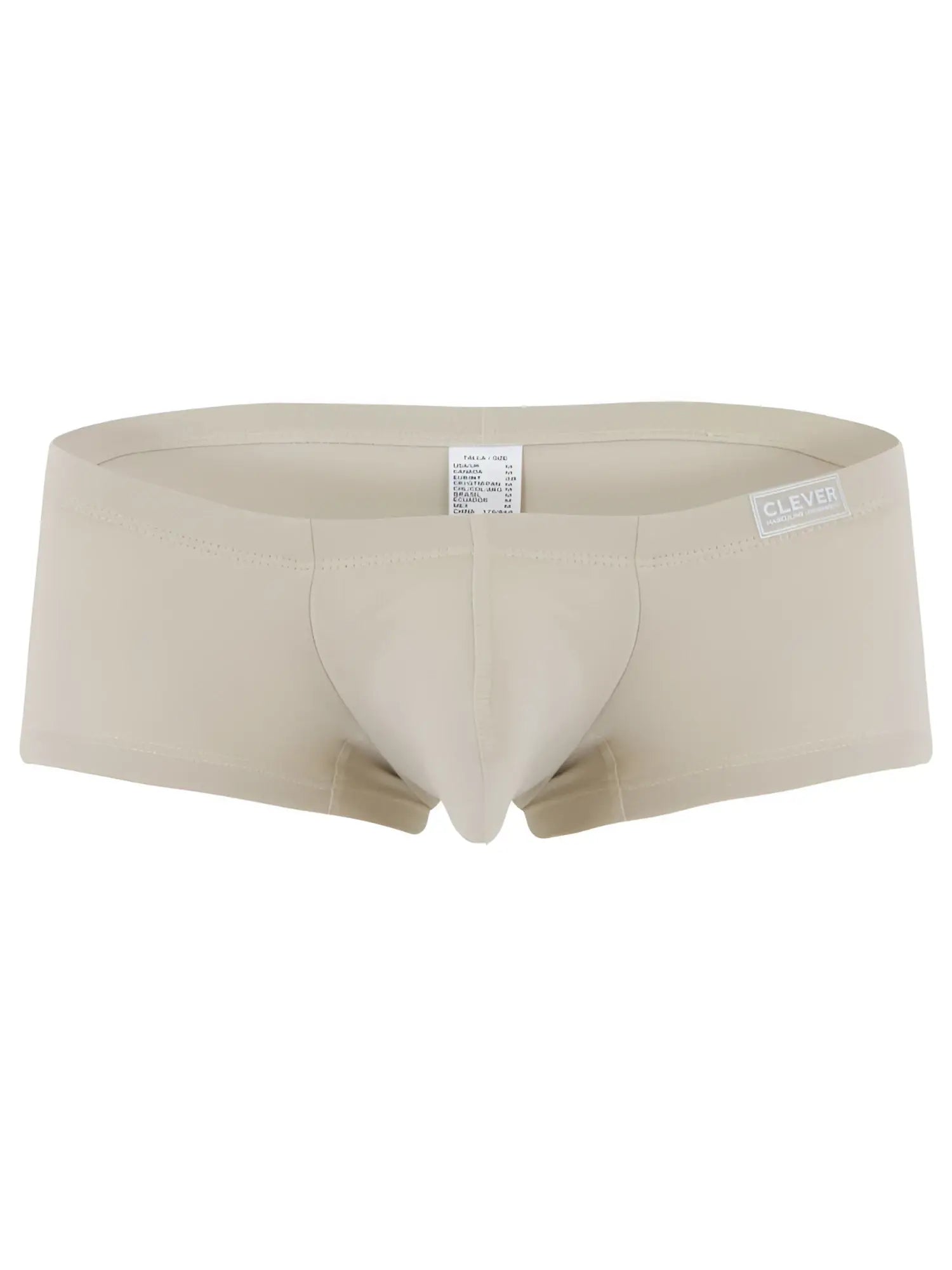 Beige clever 26066 men’s boxer briefs with smooth form-fitting fabric and branded waistband label in multi-colored pack