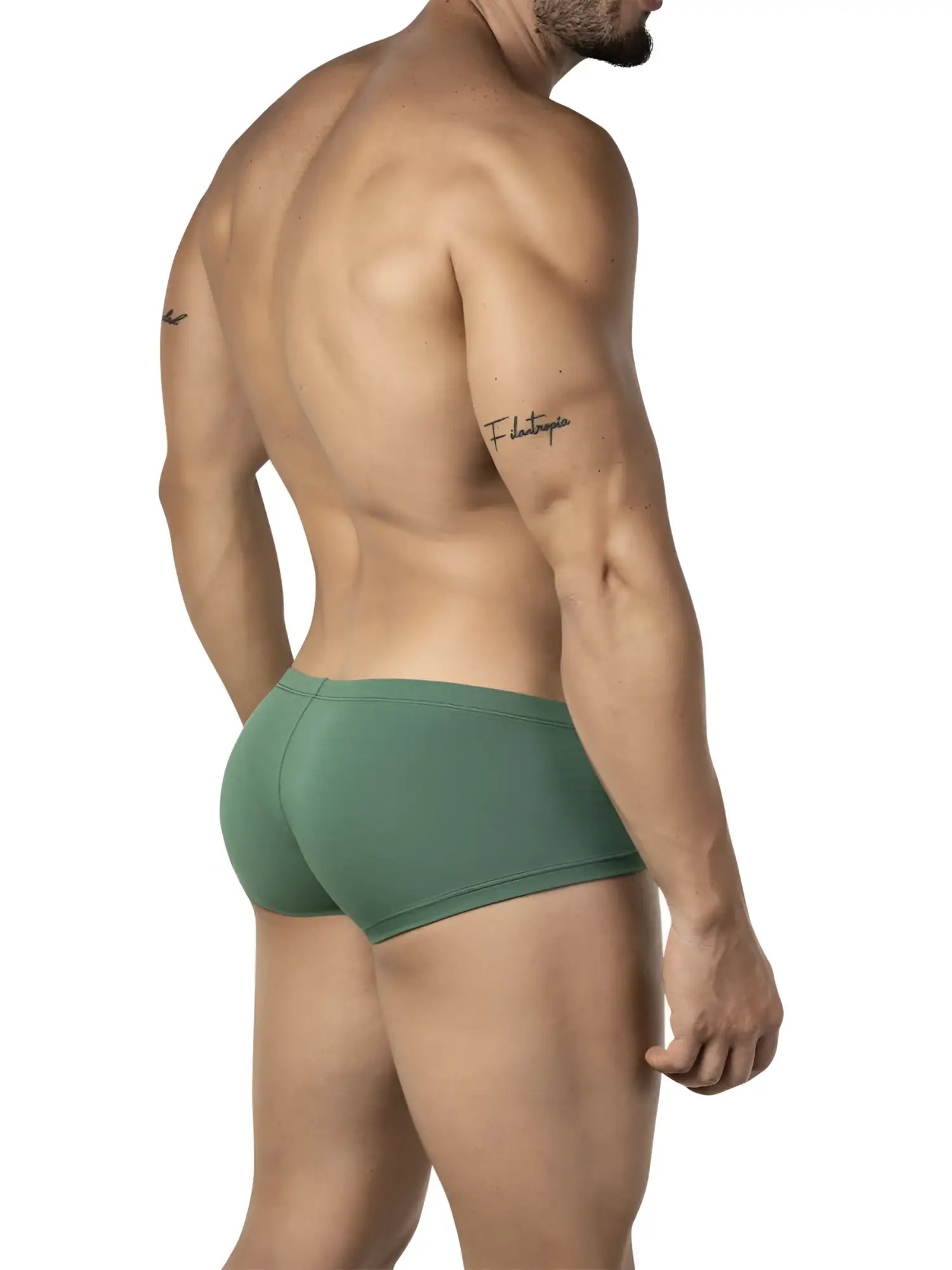 A pair of olive green clever 26066 australian latin trunks with smooth stretchy fabric and minimalist design