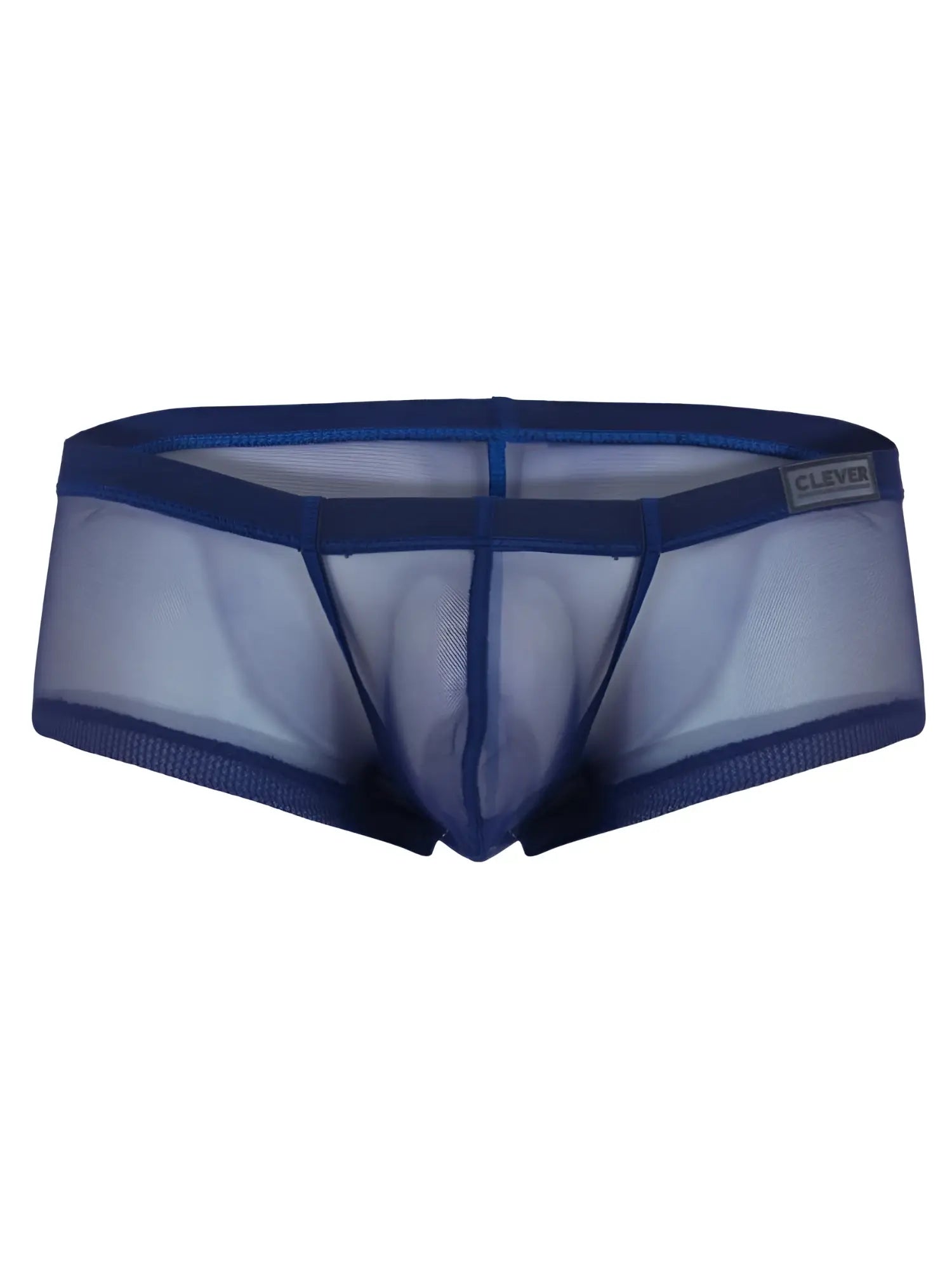 Blue sheer mesh men’s underwear with solid blue waistband and clever brand label from clever 26067 3pk trunks