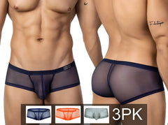 Navy blue sheer mesh briefs with solid navy trim and branded waistband from clever 26067 3pk australian latin trunks multicolor