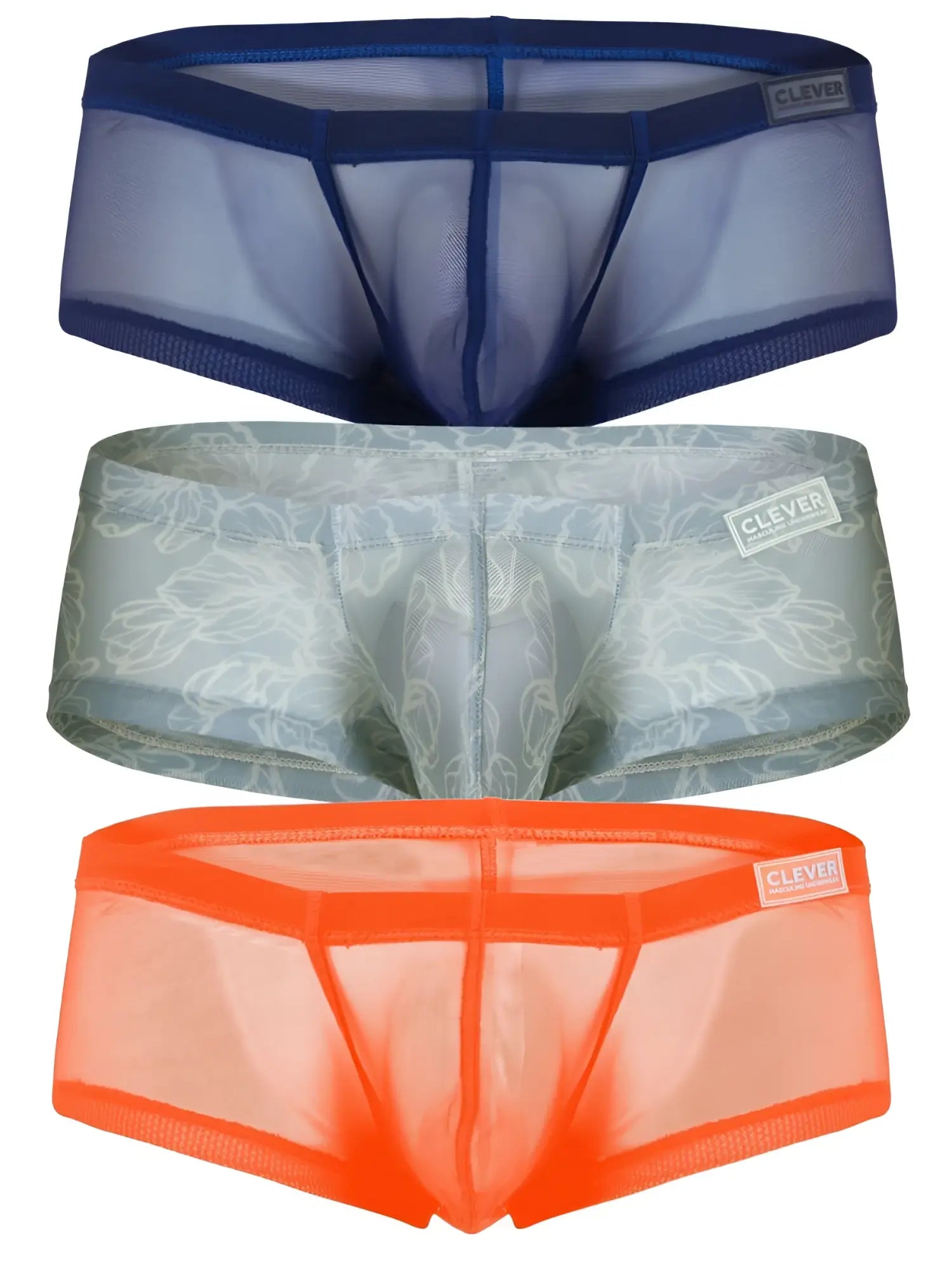 Three pairs of clever 26067 australian latin trunks sheer mesh briefs in navy blue gray floral and bright orange colors