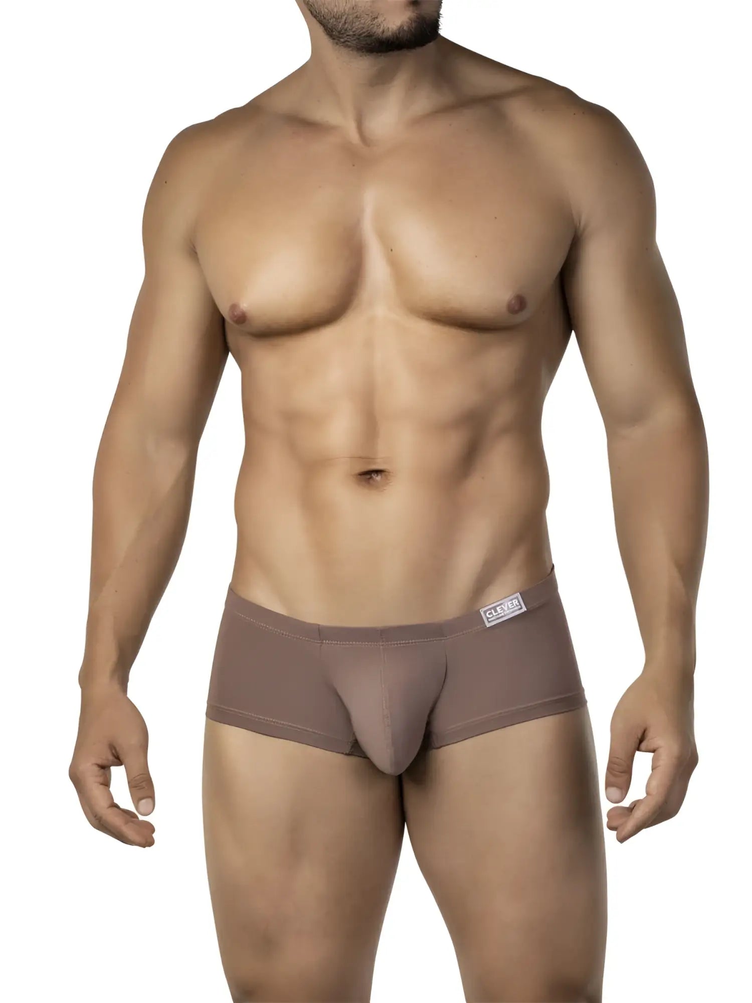Tan-colored clever 26068 men’s briefs with smooth fabric and small brand tag on waistband in multi-colored 3pk trunks
