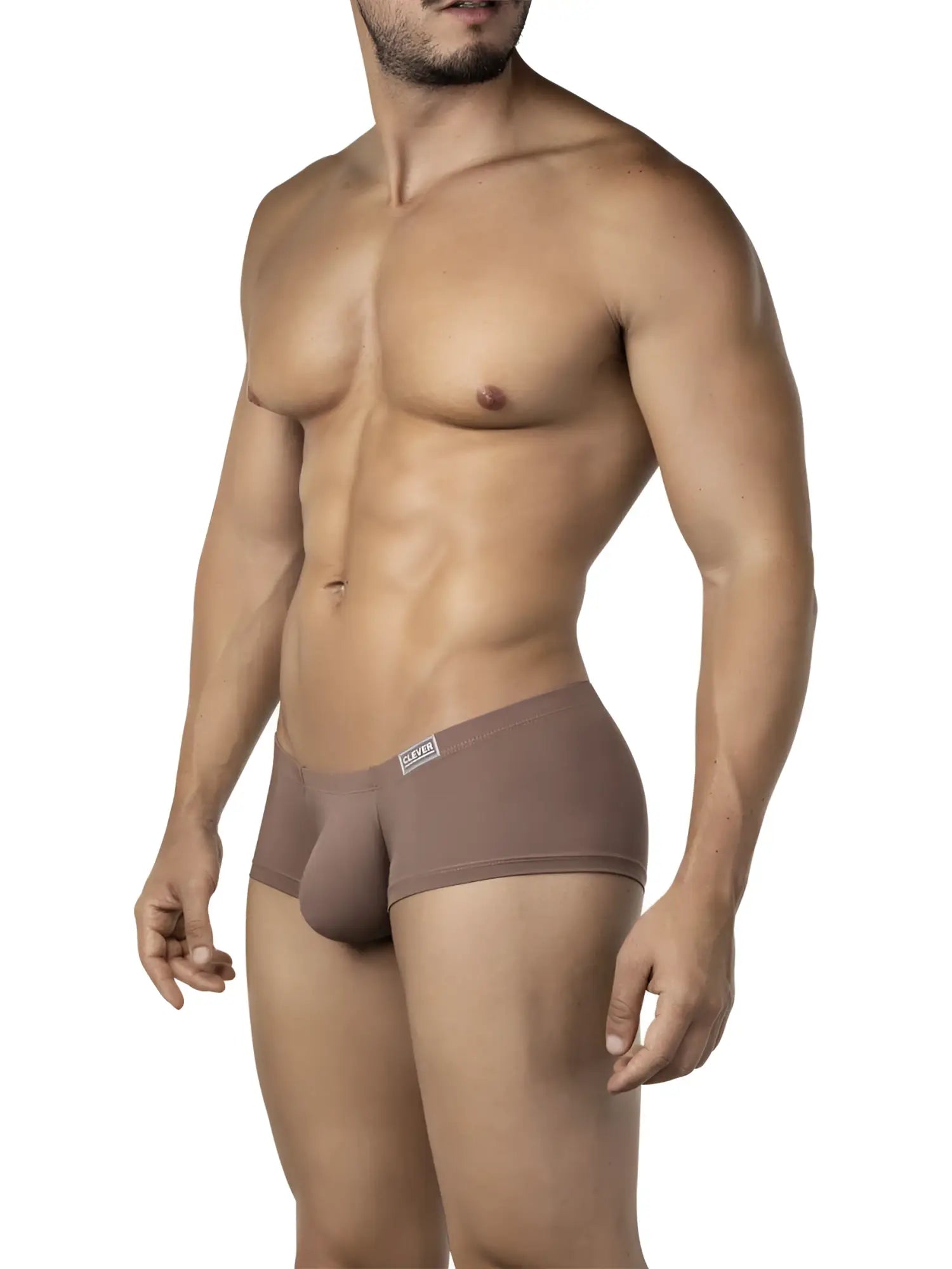 Tan colored form-fitting men’s briefs with subtle clever logo on waistband from 26068 3pk australian latin trunks