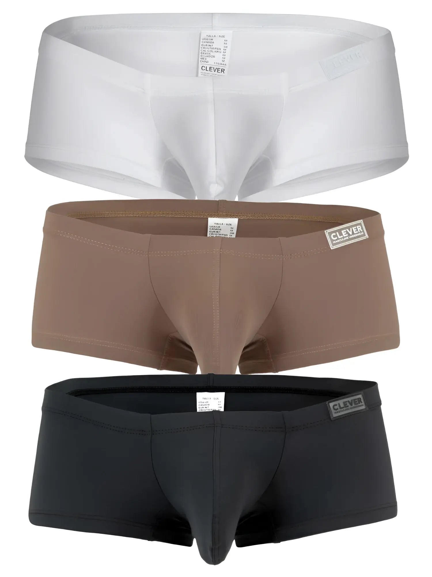 Three pairs of Clever 26068 3PK Australian Latin trunks in white beige and black men’s briefs for everyday comfort