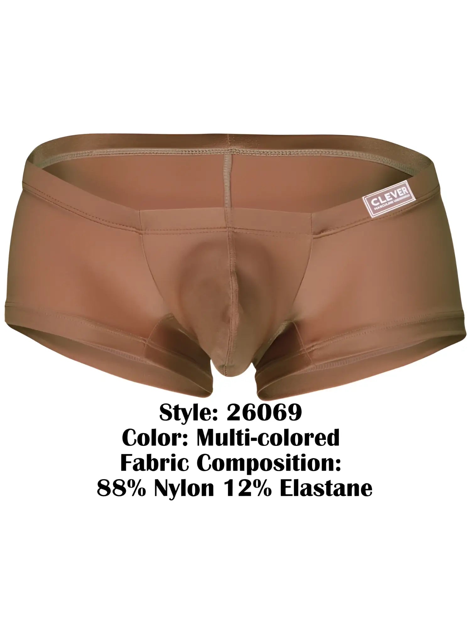 Brown multi-colored clever 26069 australian latin trunks made of 88 nylon 12 elastane with sleek waistband label