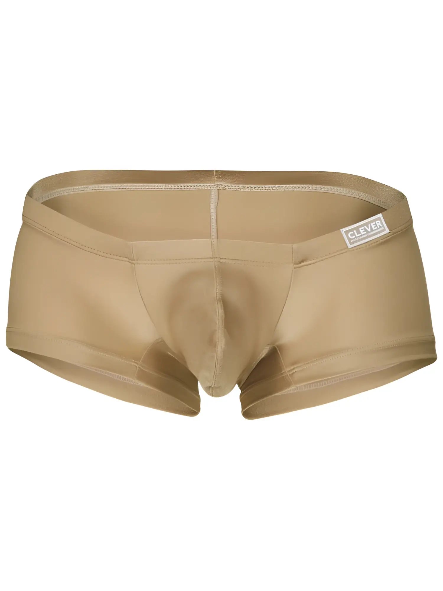 Tan color form-fitting clever 26069 mens briefs with smooth fabric and small brand label on waistband front view