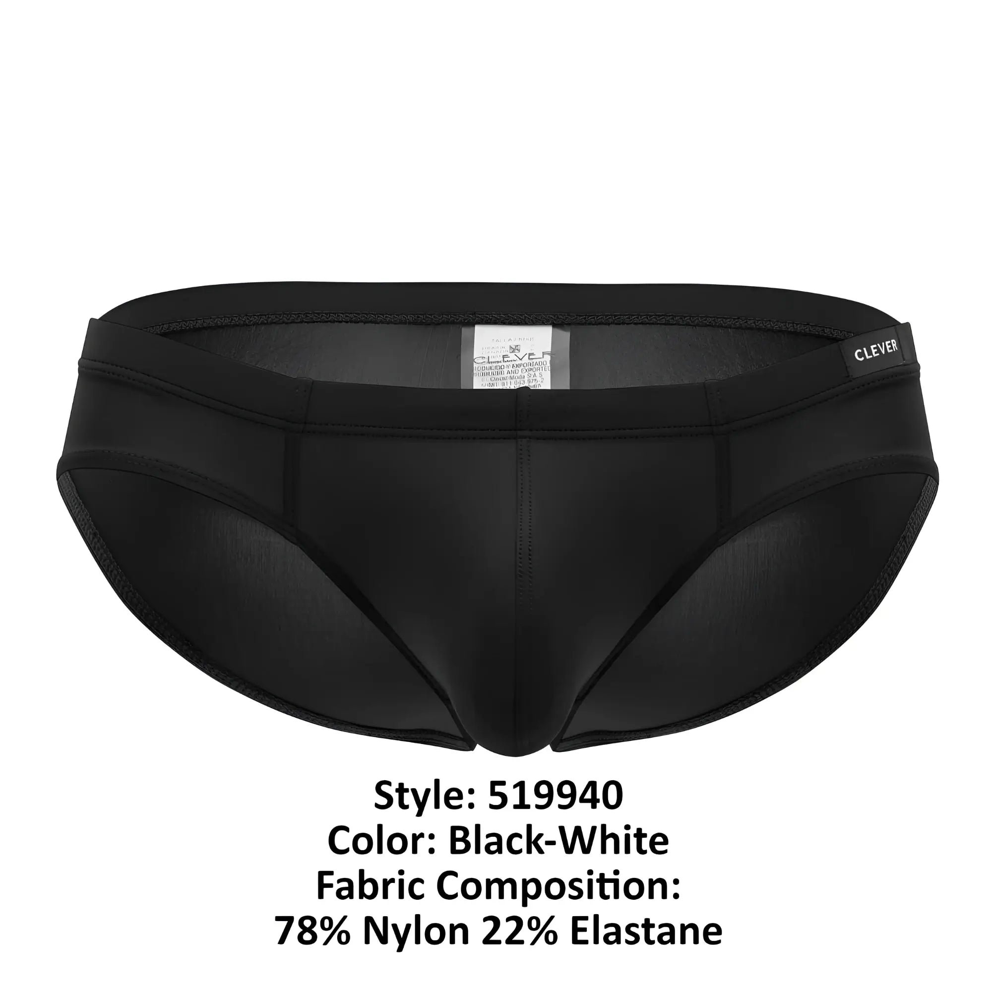 Black men’s clever 519940 briefs with sleek form-fitting design and subtle white waistband accents in black and white