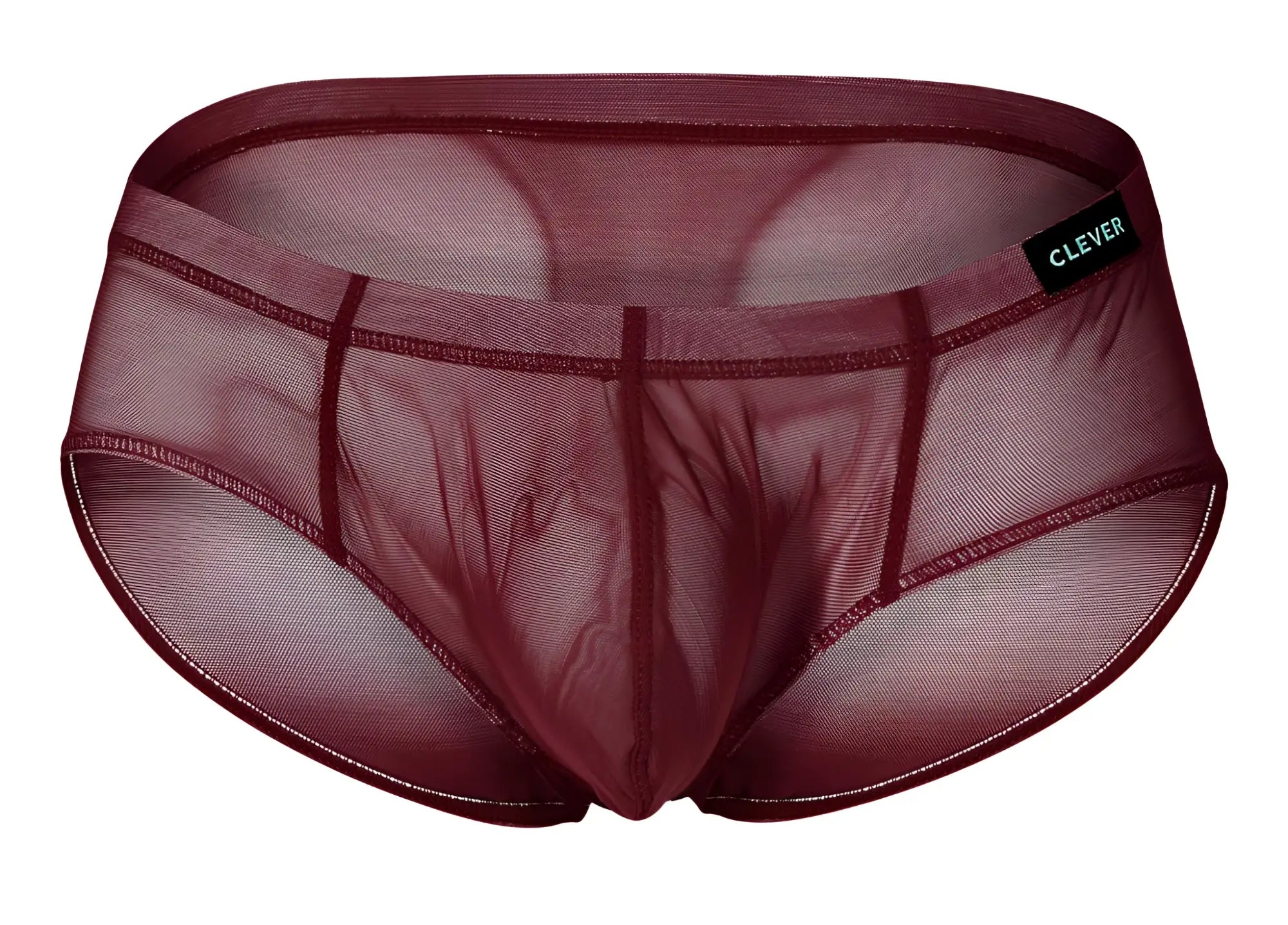 Maroon sheer mesh clever 519962 brief with black brand tag on waistband from australian latin 3pk set