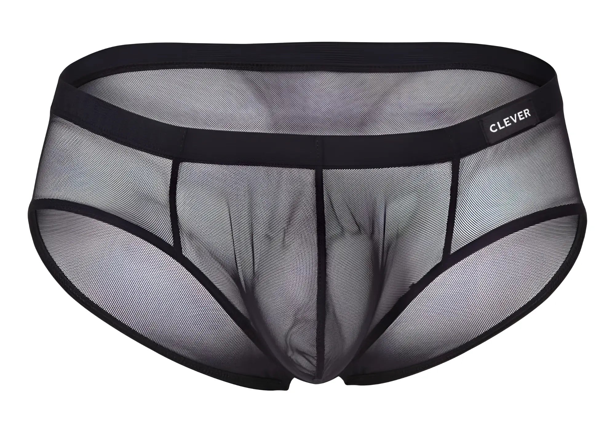 Black sheer mesh briefs with solid black waistband and clever brand label in red black and grape colors