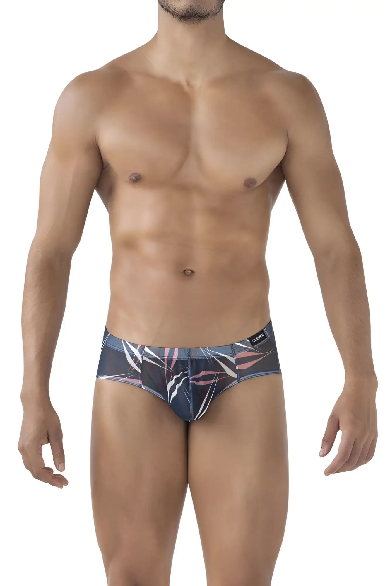 Dark blue clever australian latin briefs with pink and white tropical leaf pattern in a 3 pack set