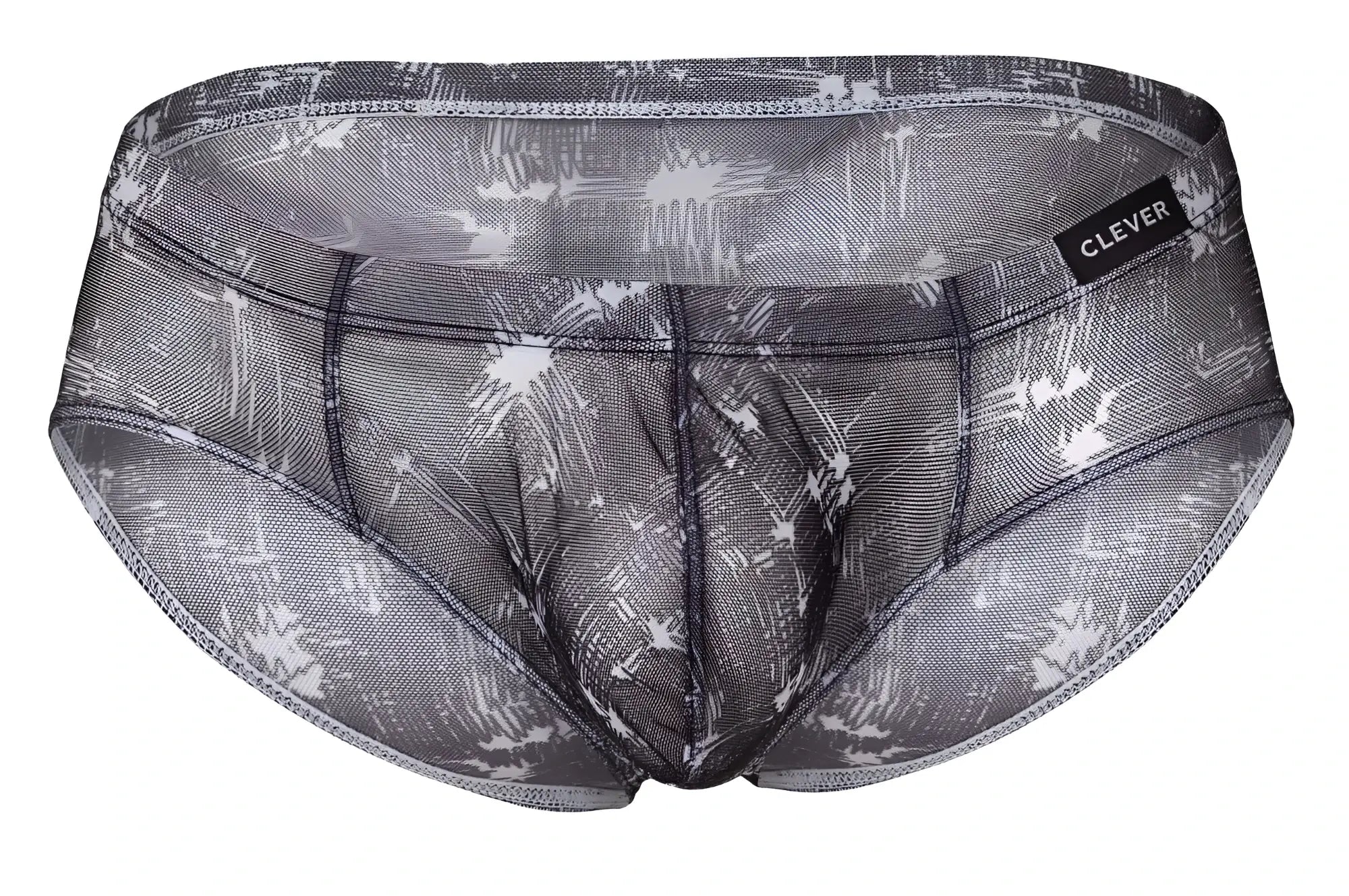 Gray and white mesh clever briefs with sketchy palm tree pattern and brand label on waistband in blue and black colors