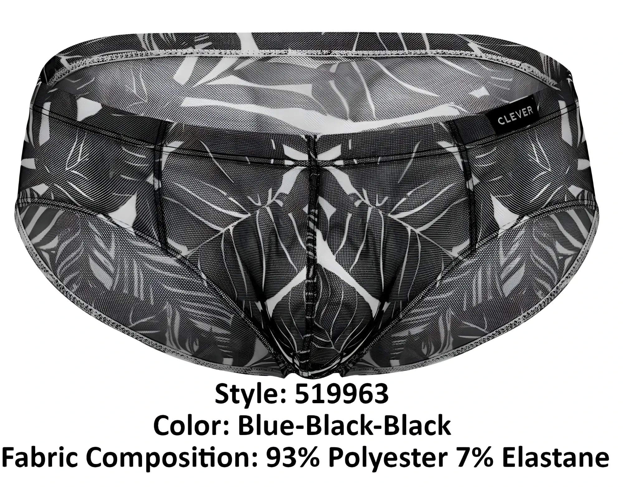 Black and blue tropical leaf patterned clever 519963 australian latin briefs made of polyester and elastane mesh fabric