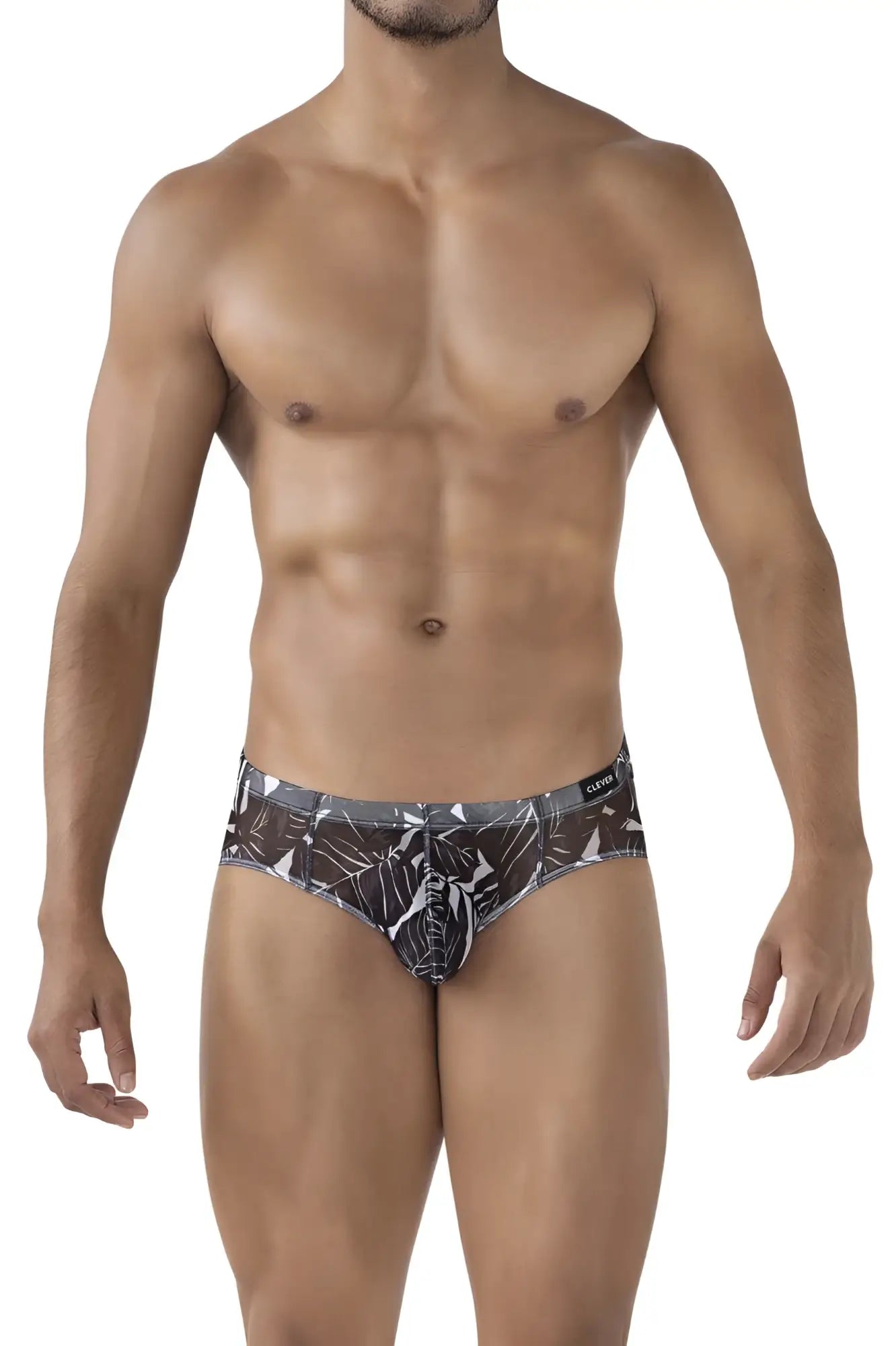 Clever 519963 3PK Australian Latin briefs featuring black and white tropical leaf pattern with sleek modern design