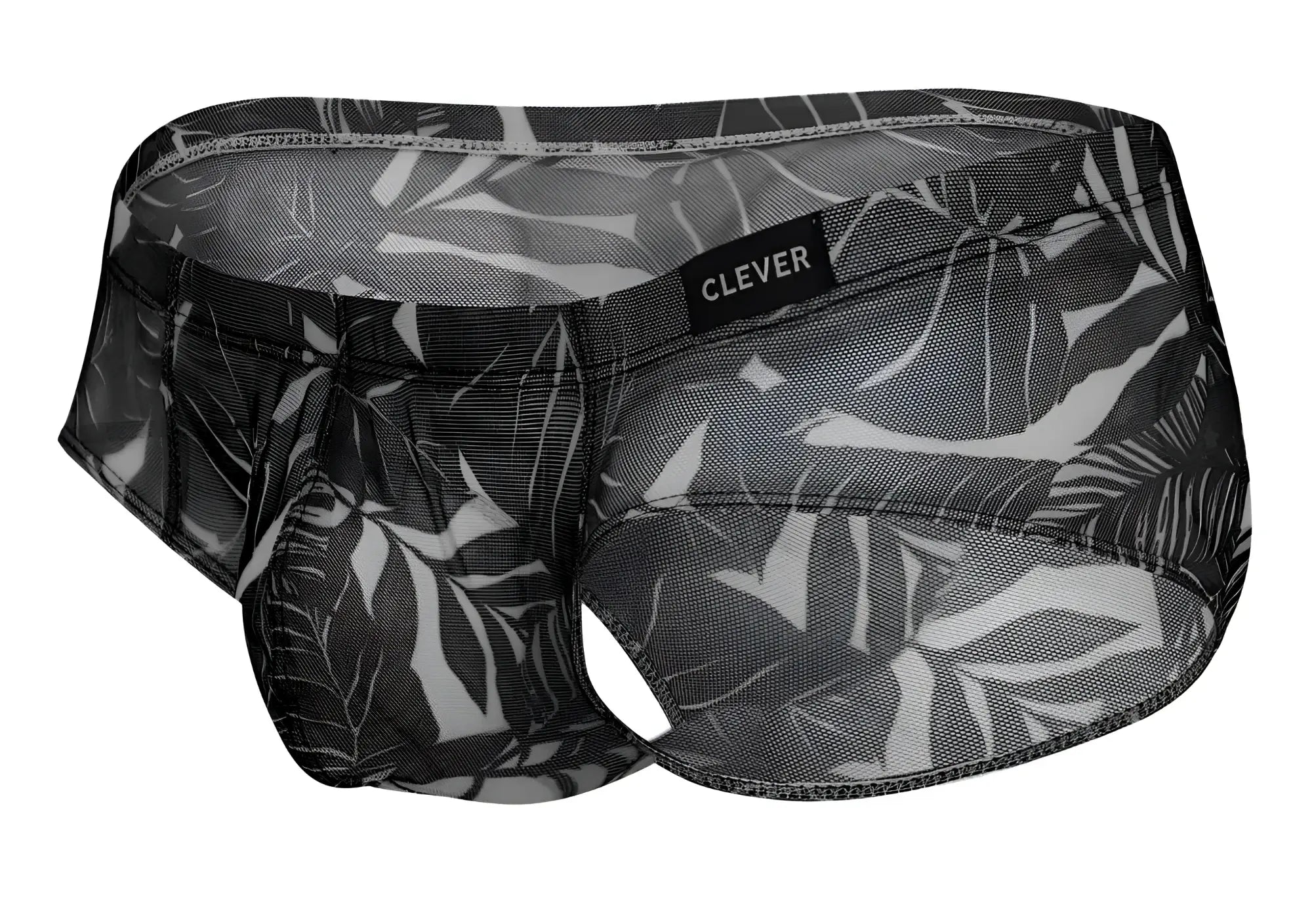 Black and white tropical leaf patterned mesh briefs with clever brand label in blue black and black colors