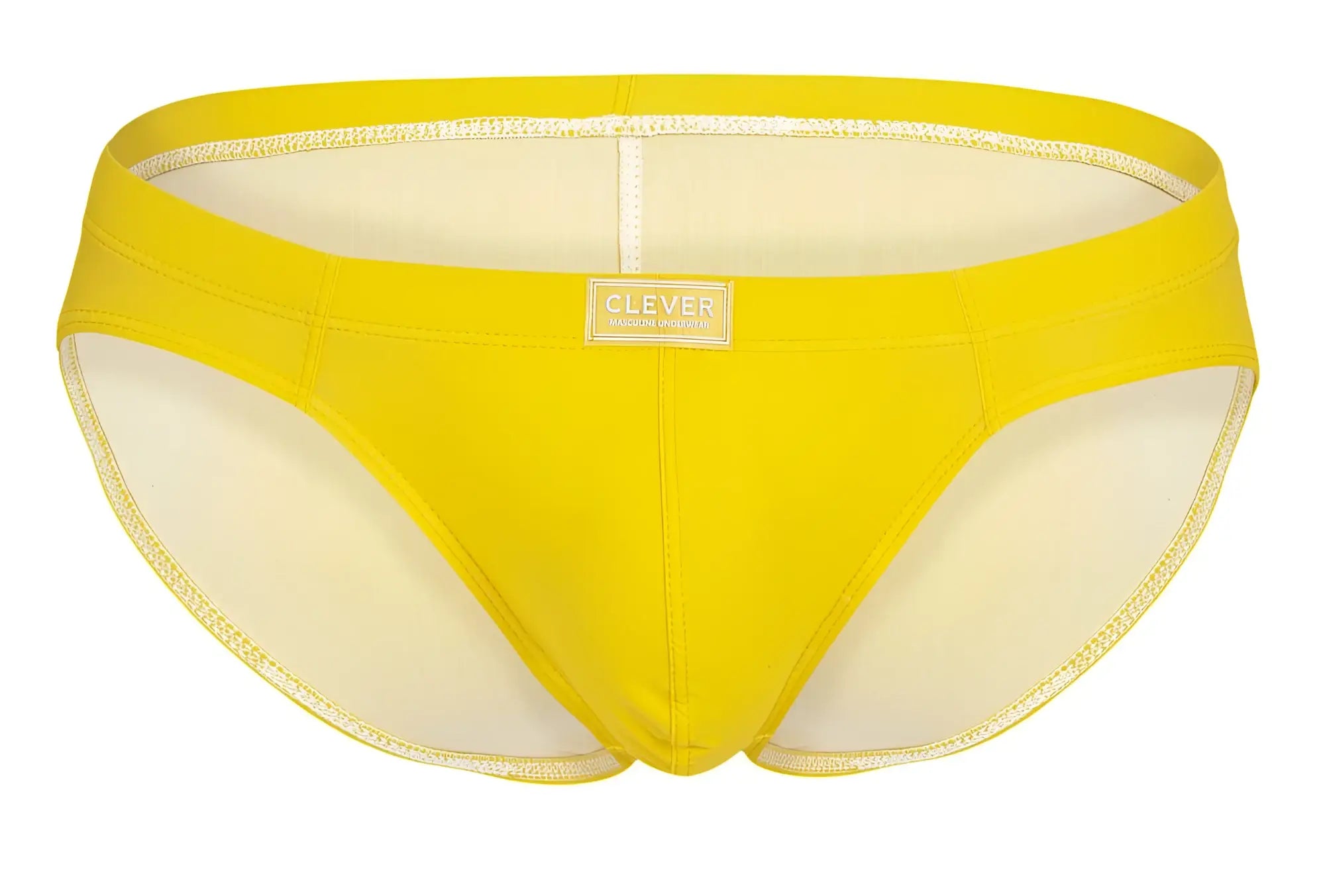 Bright yellow clever 519967 7pk men’s briefs with cream interior and gold trim featuring a small brand label