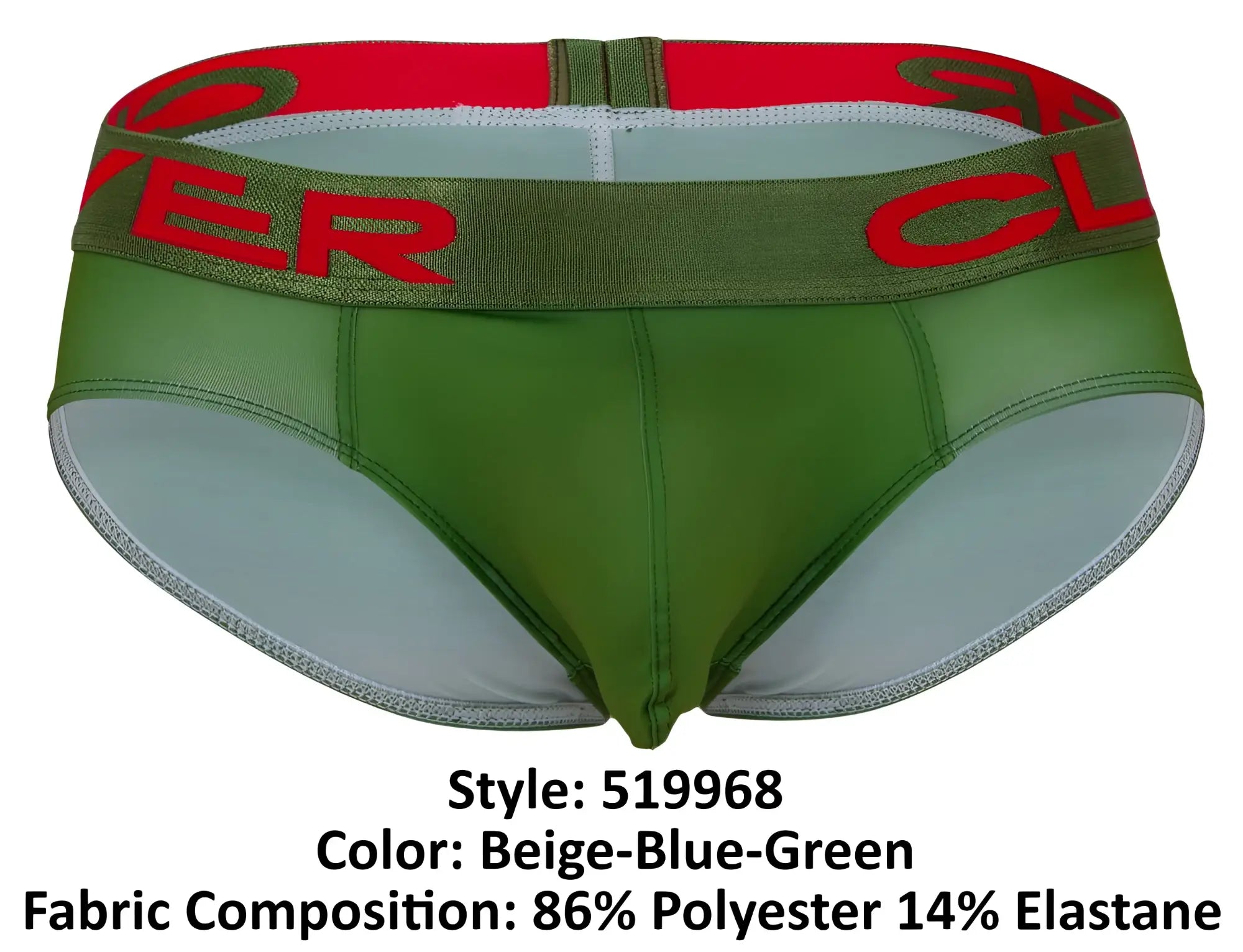 Green and beige clever 519968 briefs with red logo band featuring australian latin design in three pack set