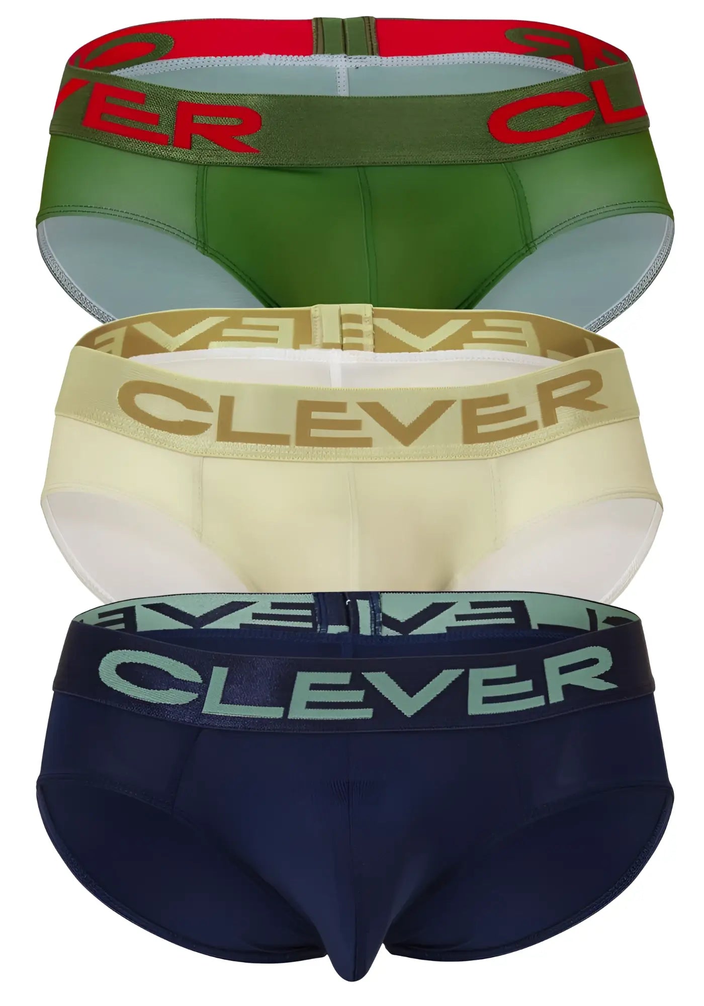 Three pairs of clever australian latin briefs in beige navy blue and green with matching branded elastic waistbands