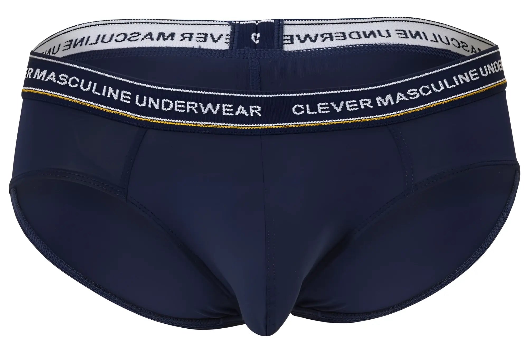 Navy blue clever 519969 men’s briefs with white elastic waistband and clever masculine underwear text in black with gold trim