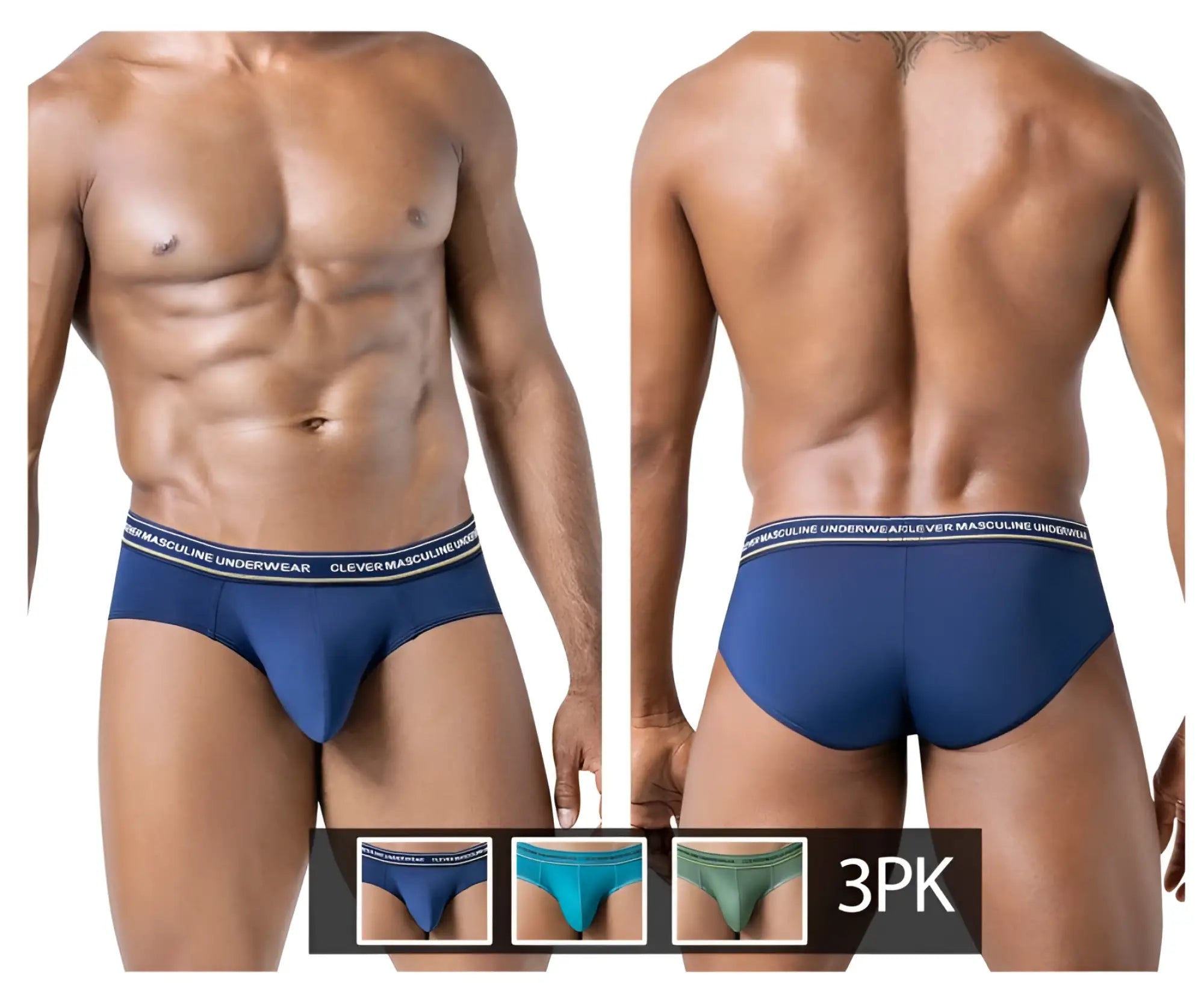 Navy blue clever 519969 3pk Australian Latin briefs with white elastic waistband and masculine underwear text