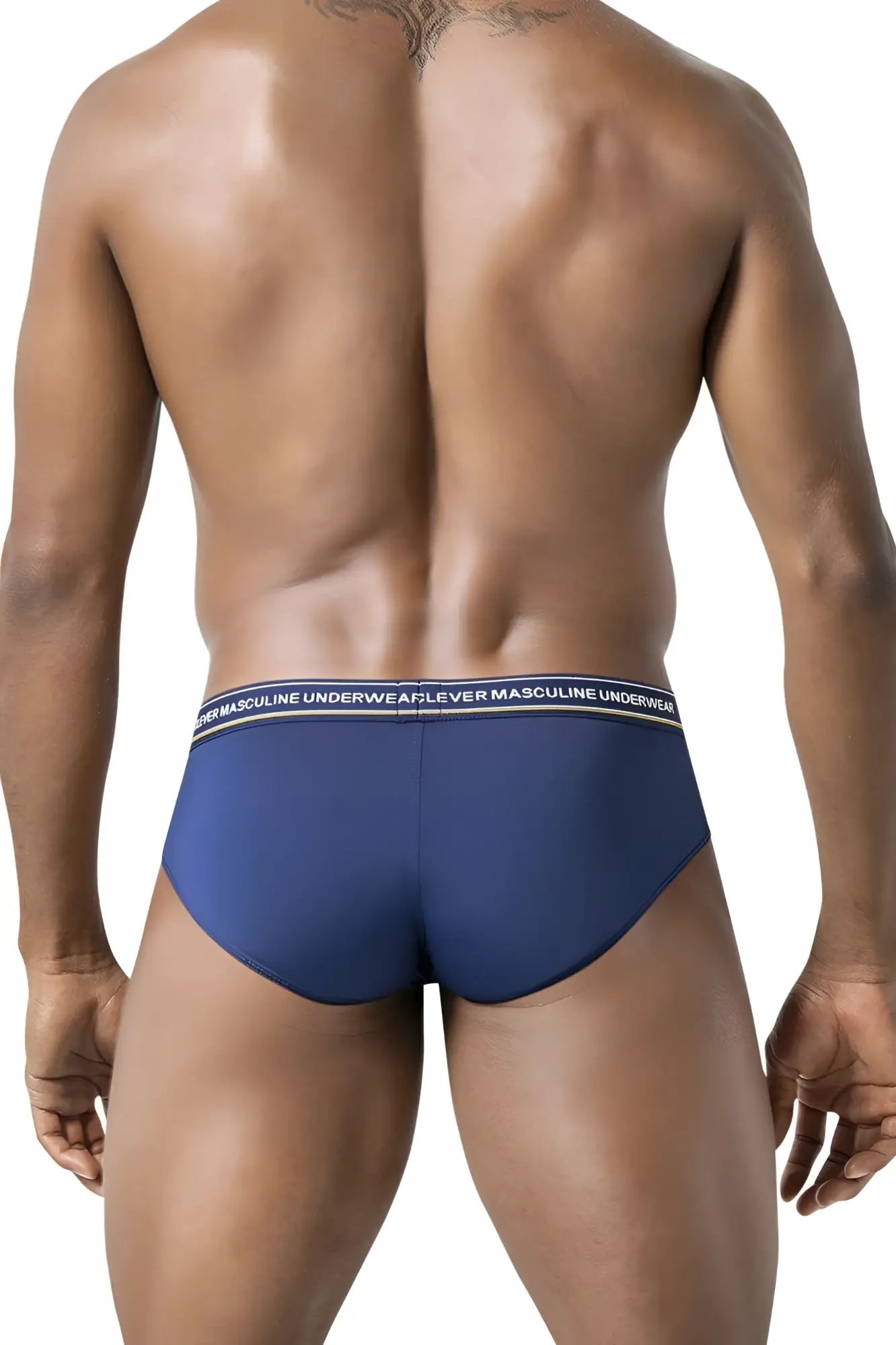 Navy blue clever 519969 men’s briefs with white elastic waistband and masculine underwear text in black lettering