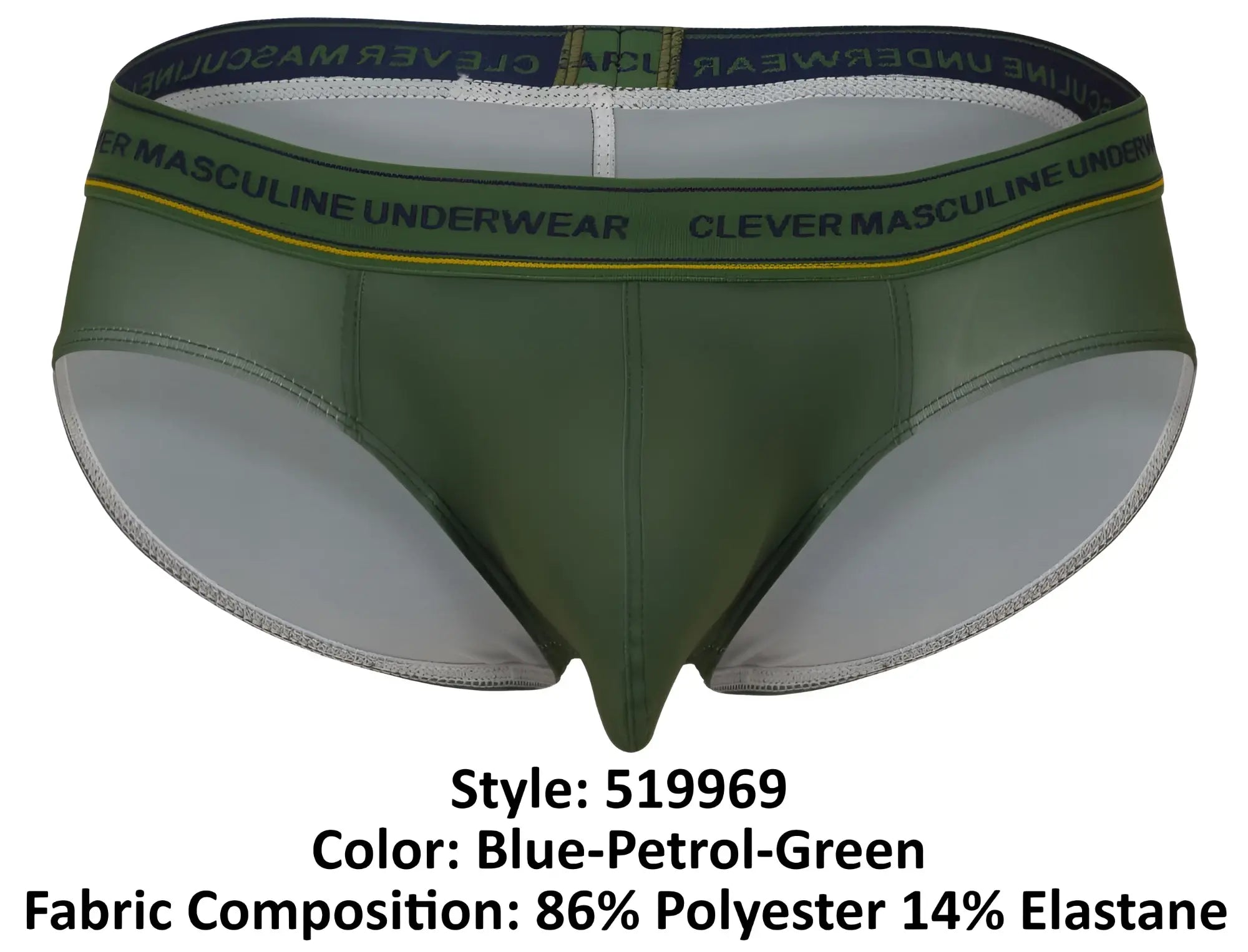 Olive green clever masculine underwear briefs with navy blue waistband and yellow trim from clever 519969 3pk australian latin briefs