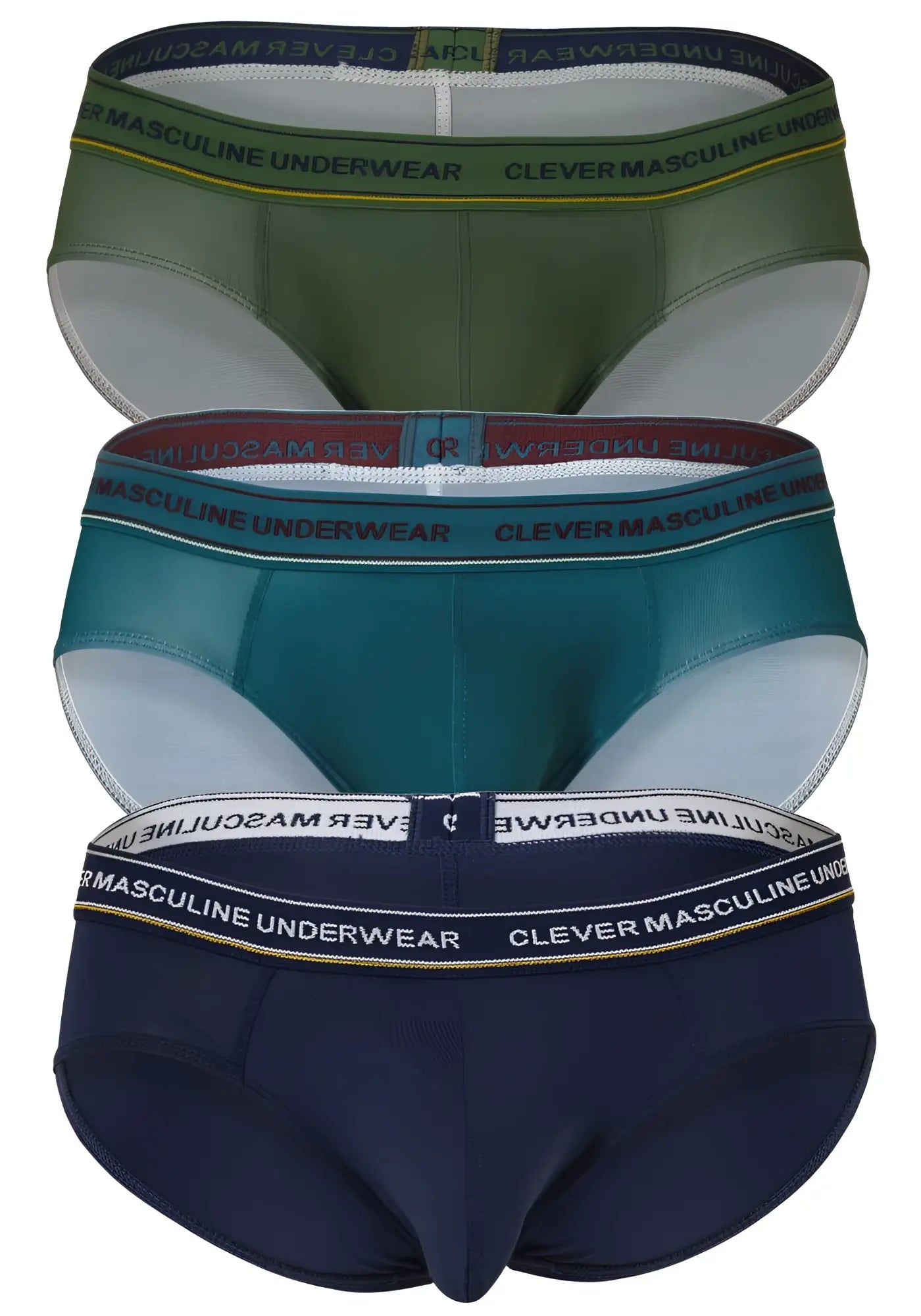 Three-pack of clever 519969 australian latin briefs in olive green teal and navy blue with branded elastic waistbands