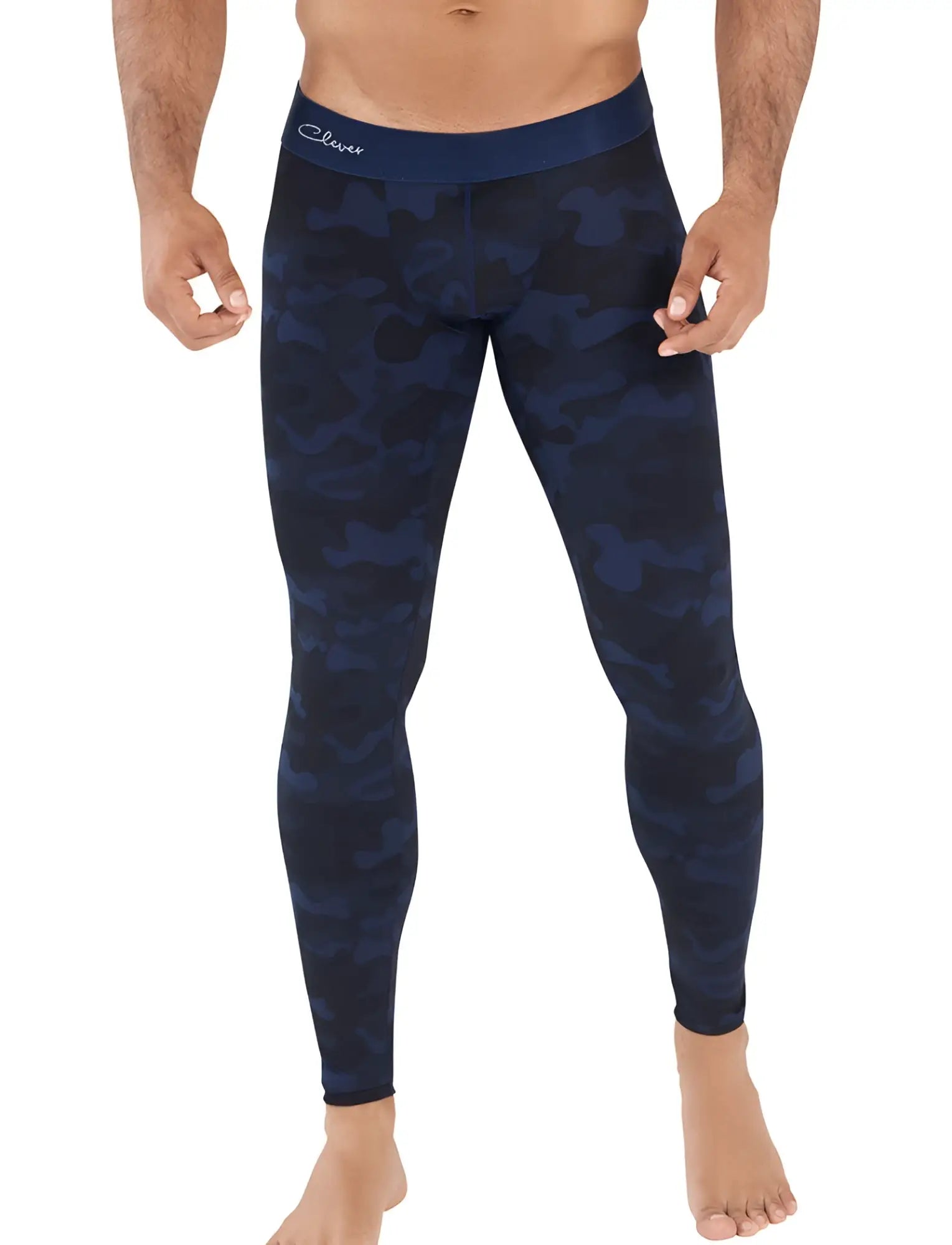 Navy blue camouflage compression leggings with cleaver branded waistband clever action camo athletic pants size m